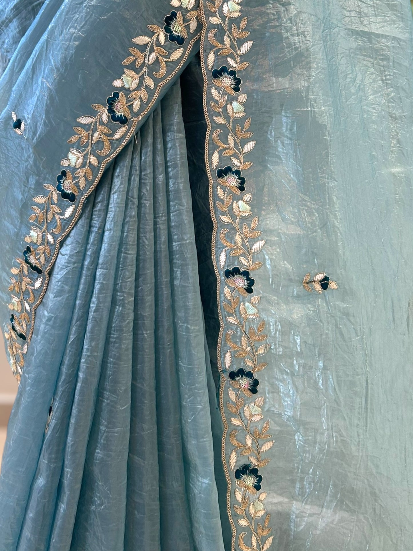 Embroidered crushed organza saree - Sky blue