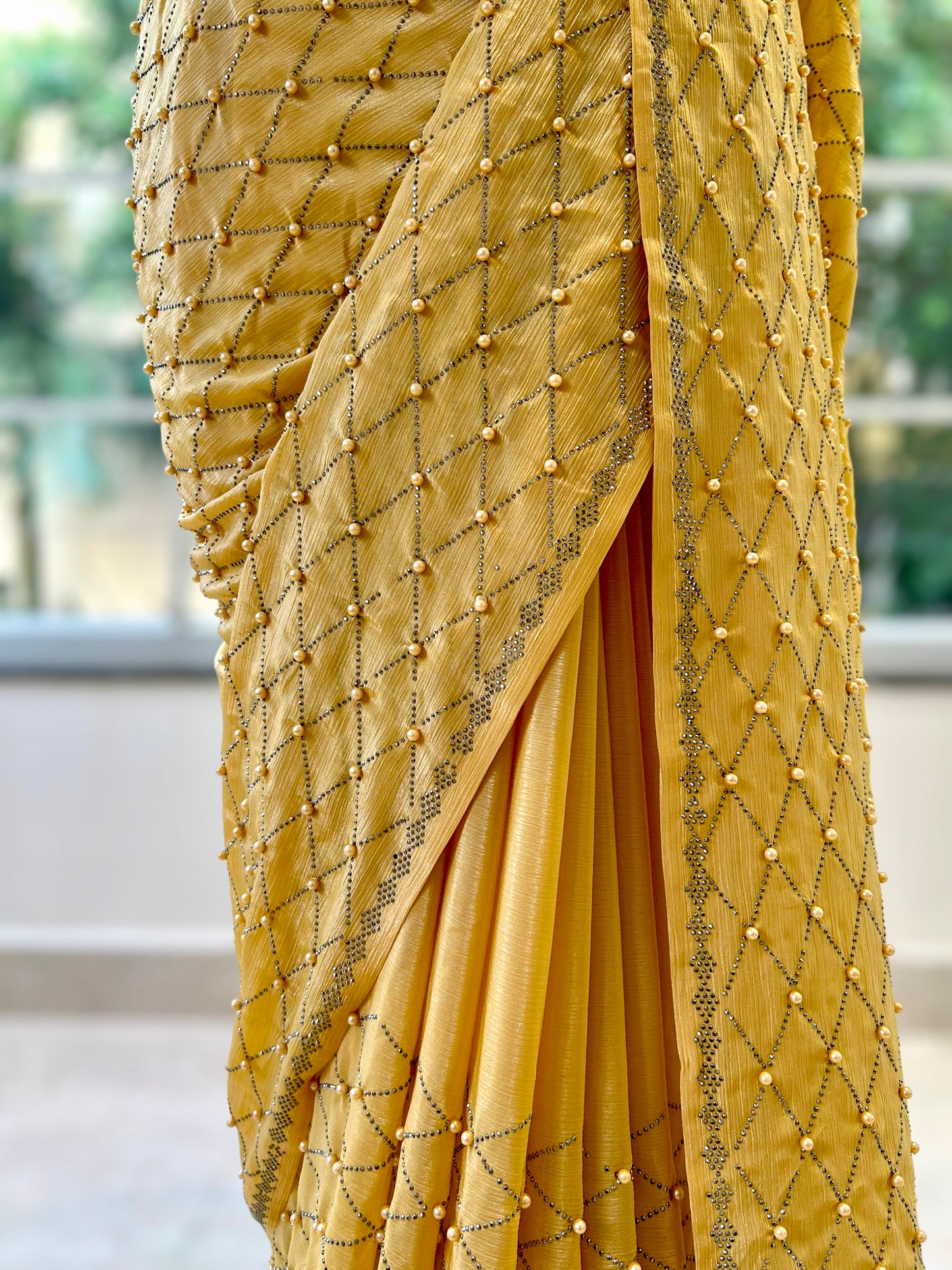 Yellow sequins & pearl saree