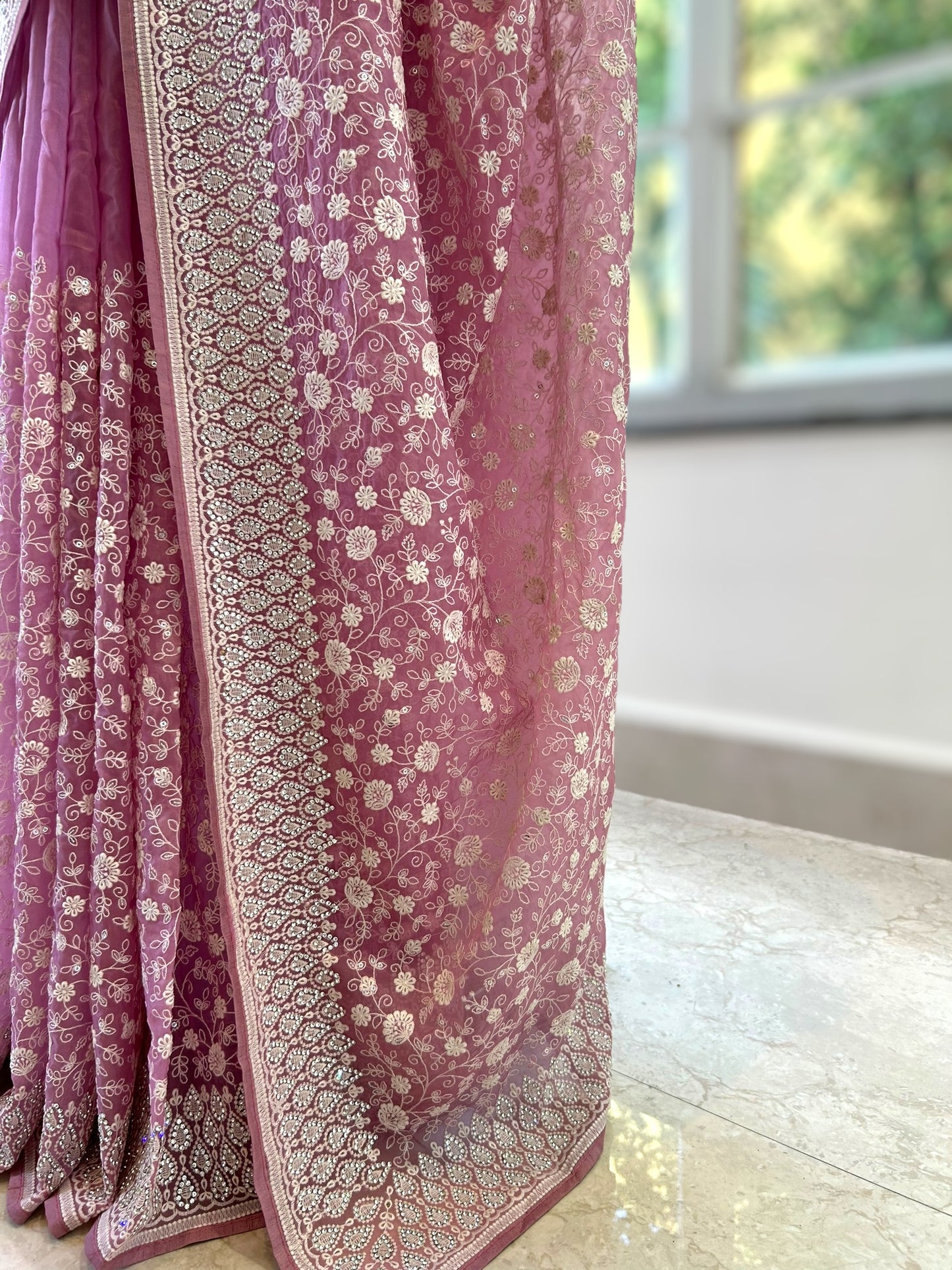 Floral embroidered organza saree - Pink