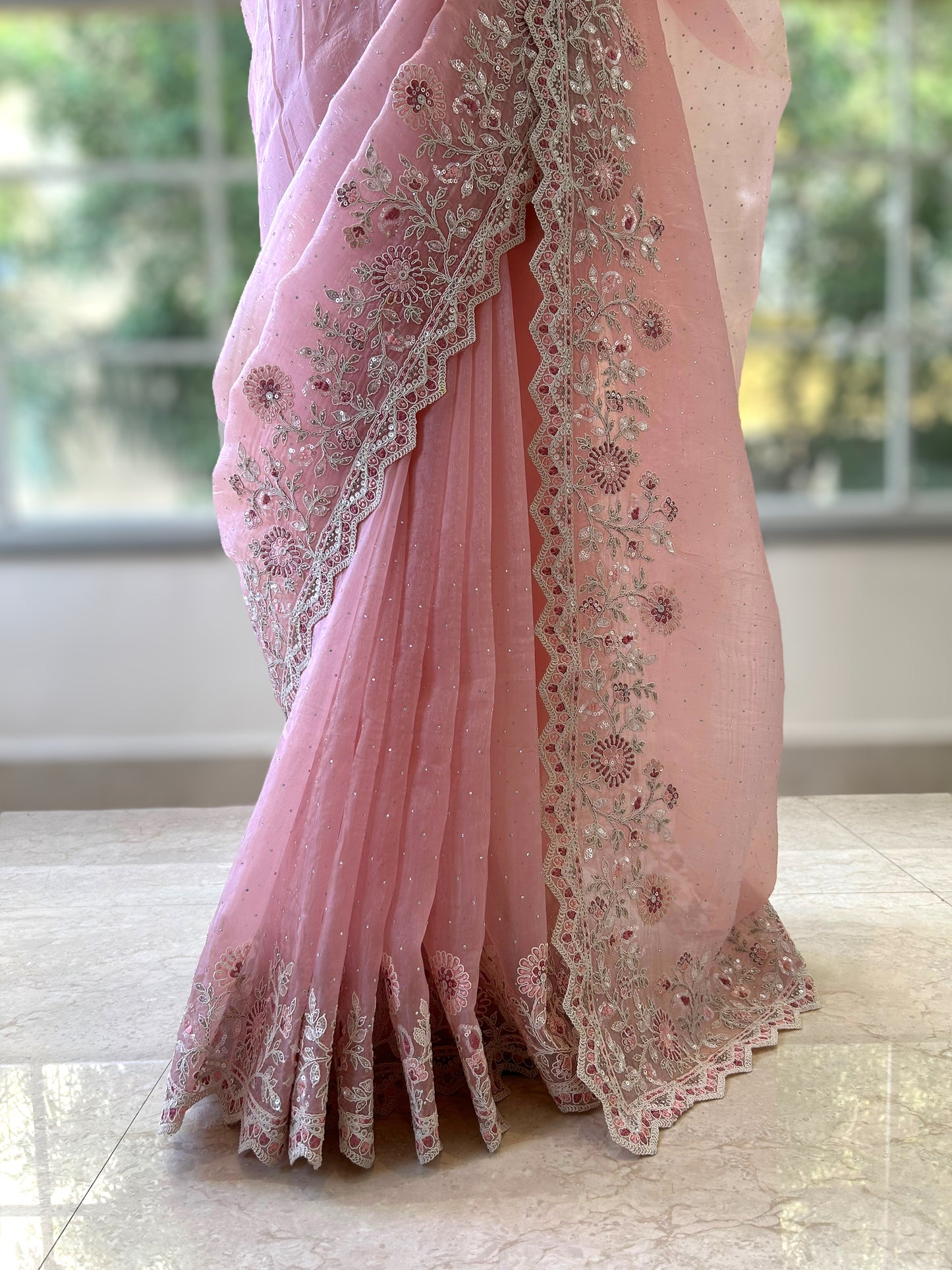 Baby pink threadwork organza saree