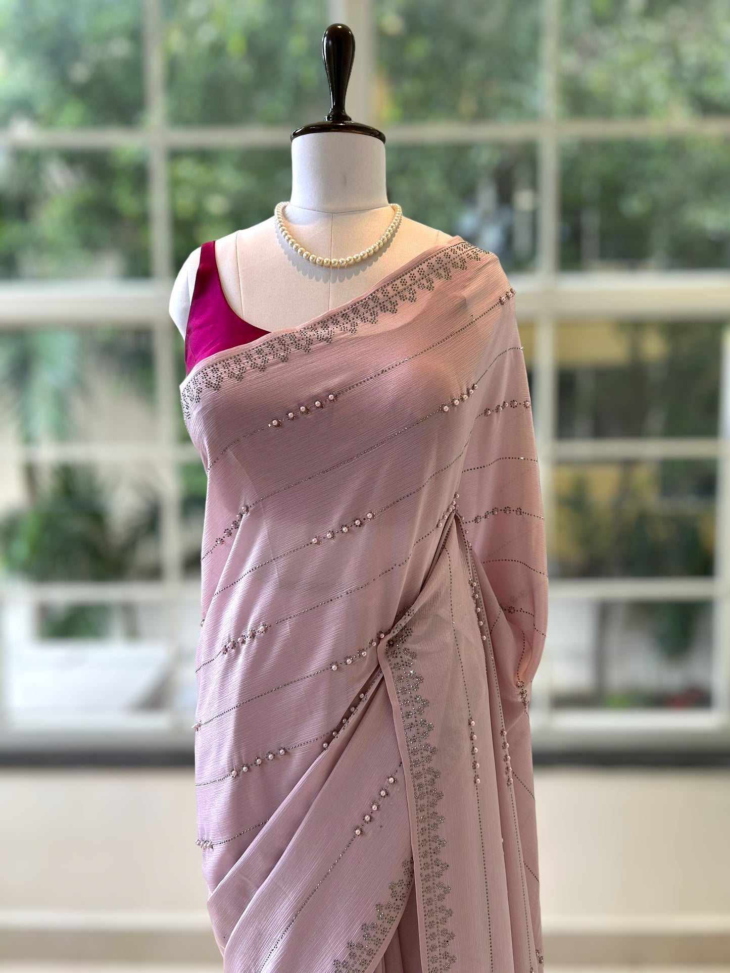 Lilac pearl chiffon saree