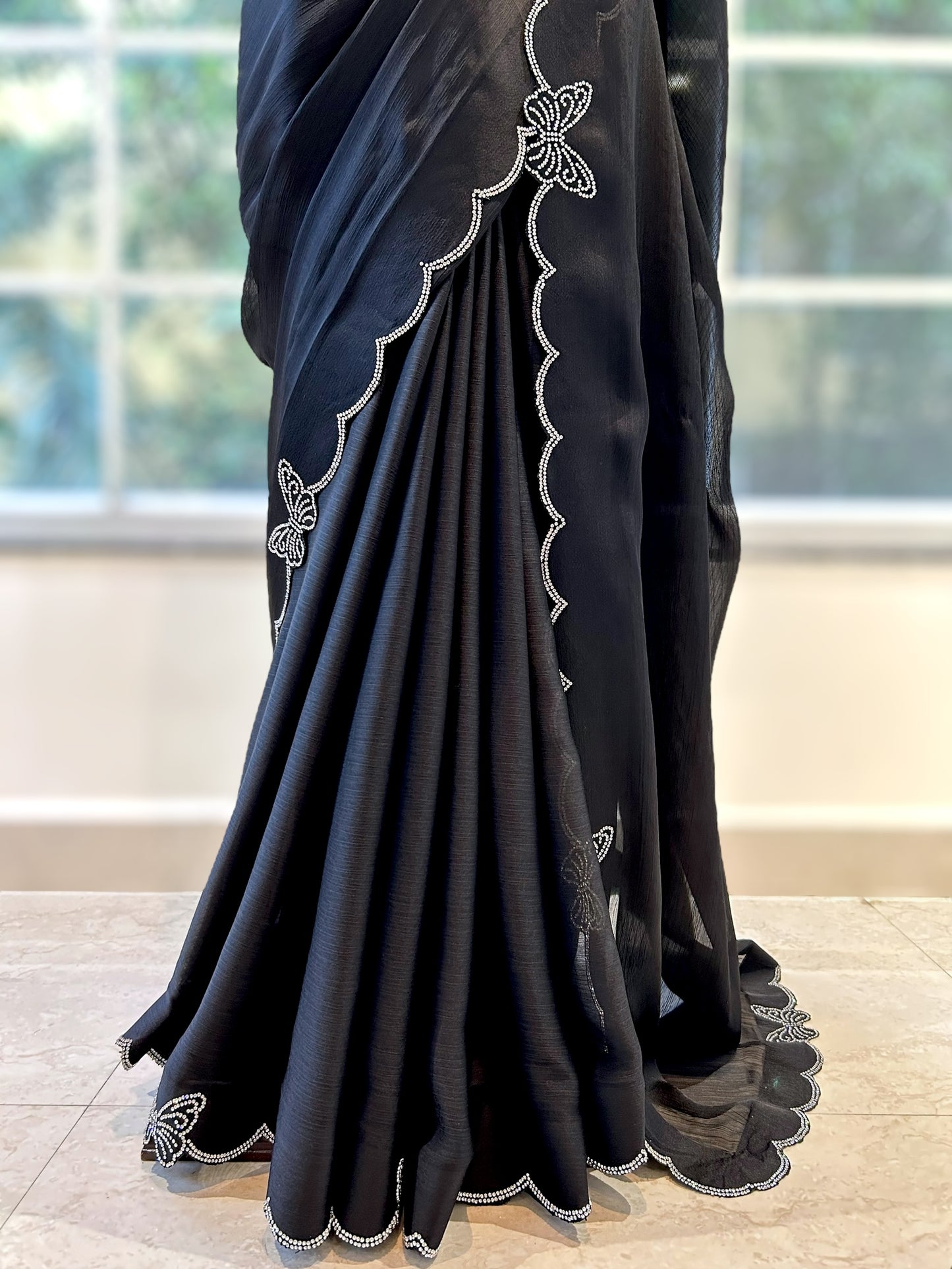 Butterfly swarovski embellished chiffon saree - Black