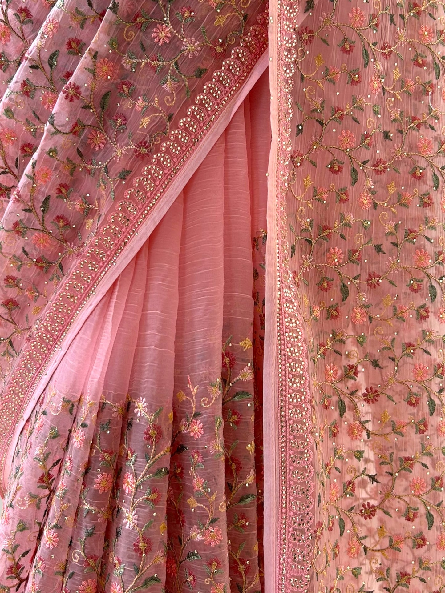 Floral embroidered chiffon saree - Pink