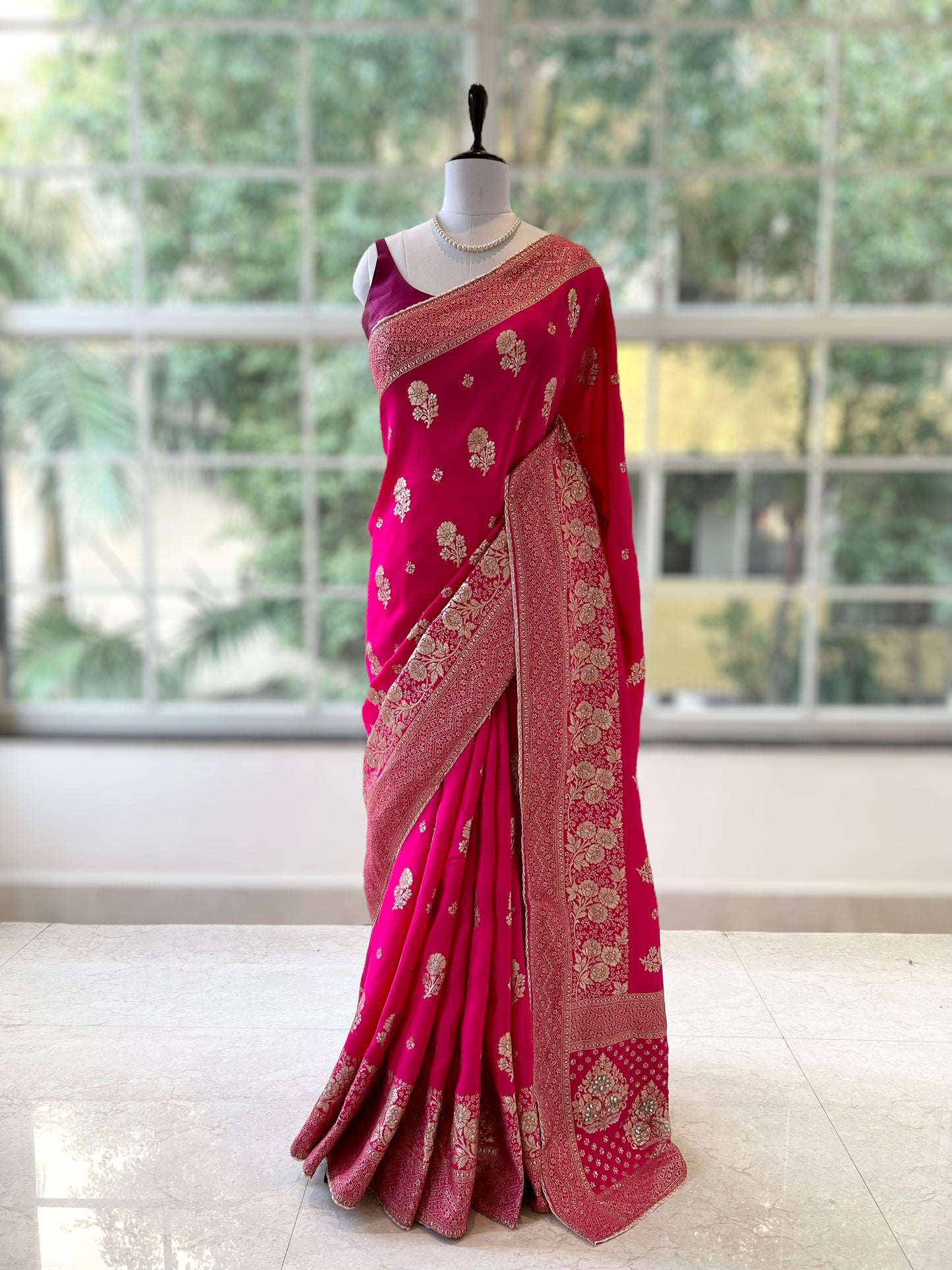 Dola silk stone work saree - Rani Pink