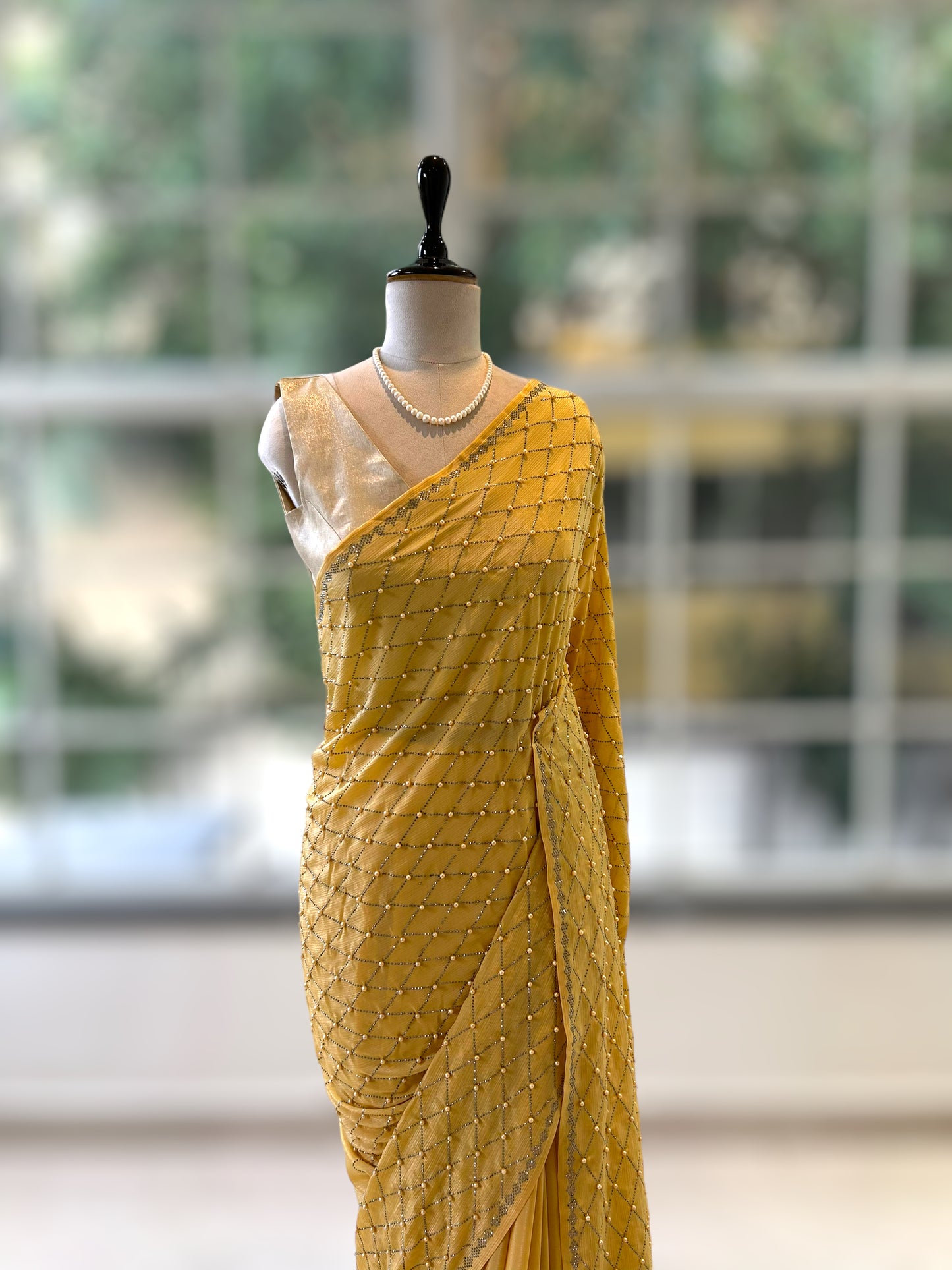 Yellow sequins & pearl saree