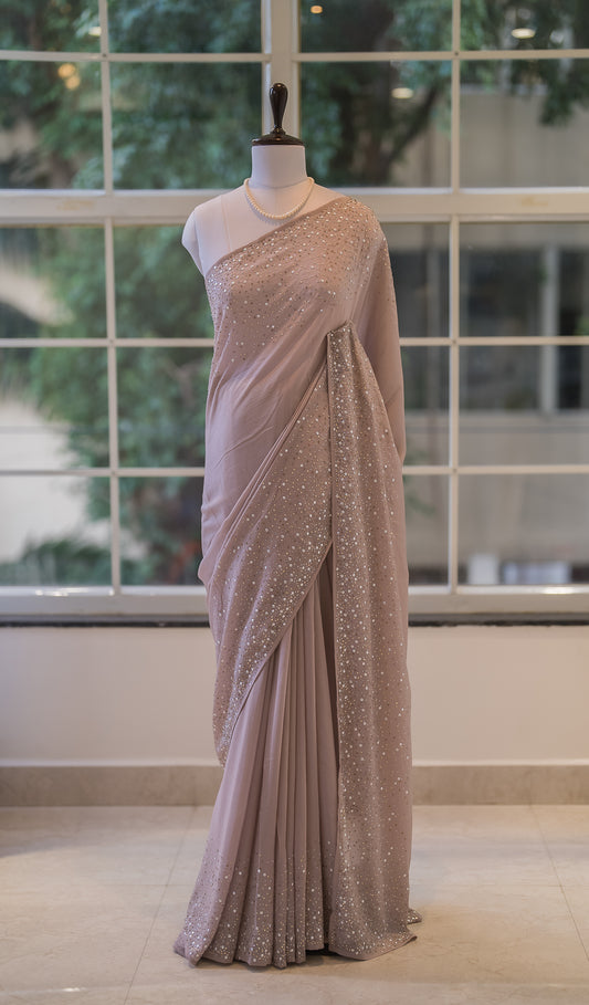 Starry sequins chiffon saree - Chocolate nude