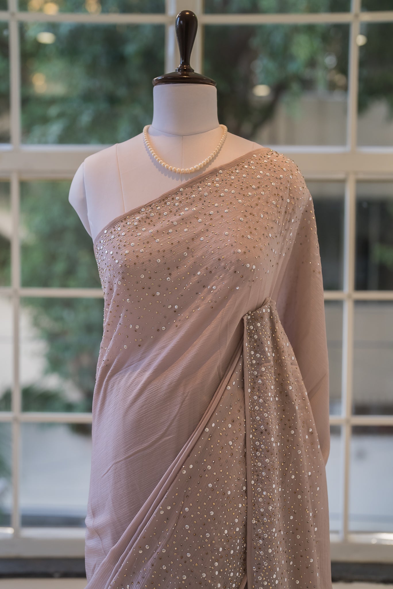 Starry sequins chiffon saree - Chocolate nude