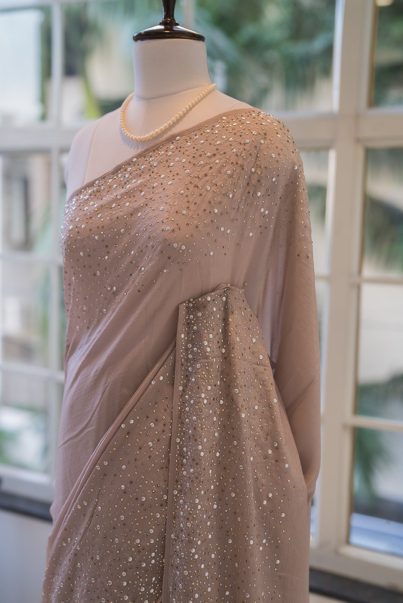 Starry sequins chiffon saree - Chocolate nude