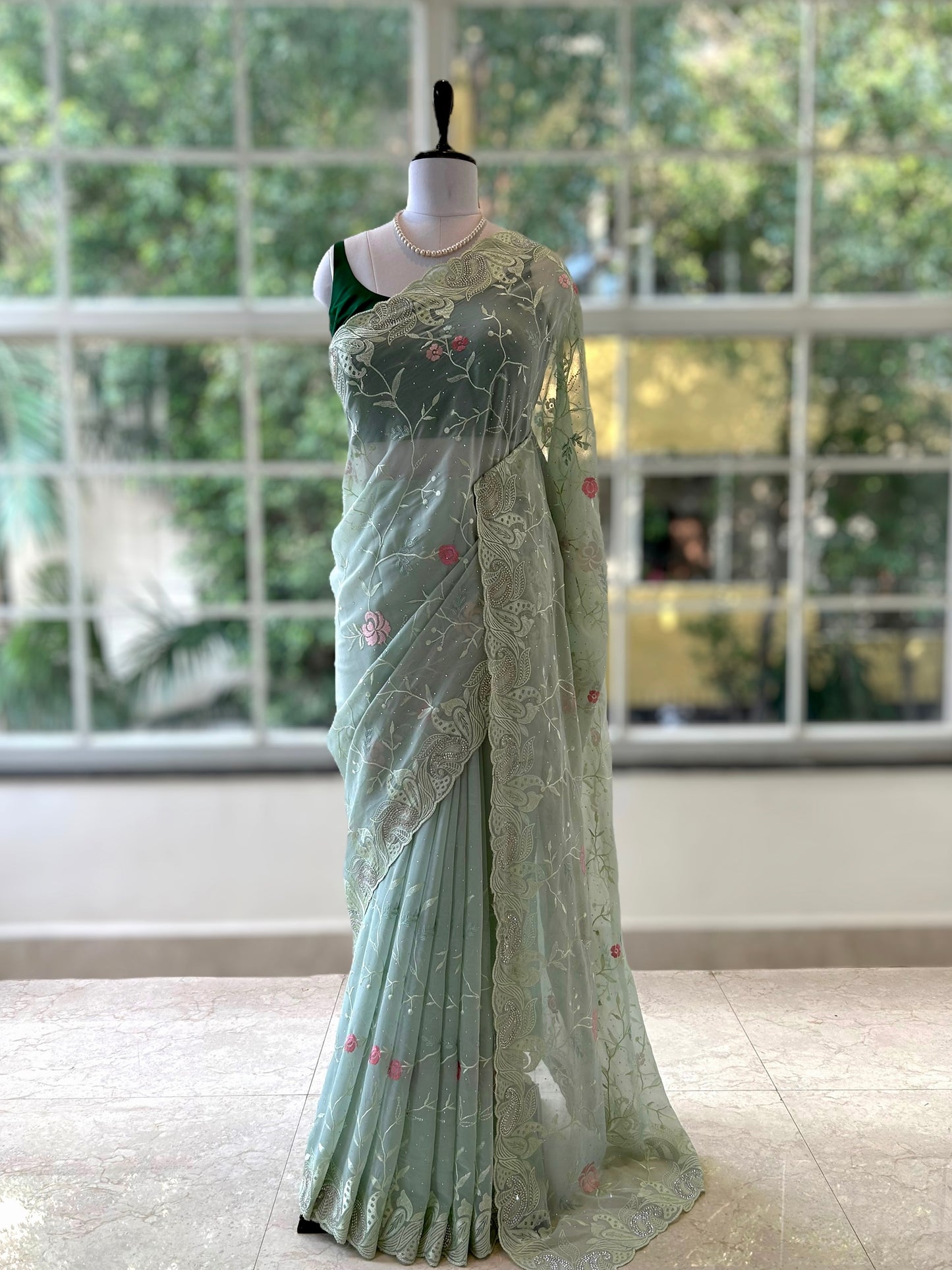 Sea green georgette saree