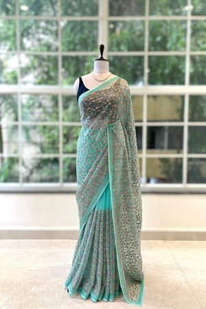 Floral embroidered chiffon saree - Blue