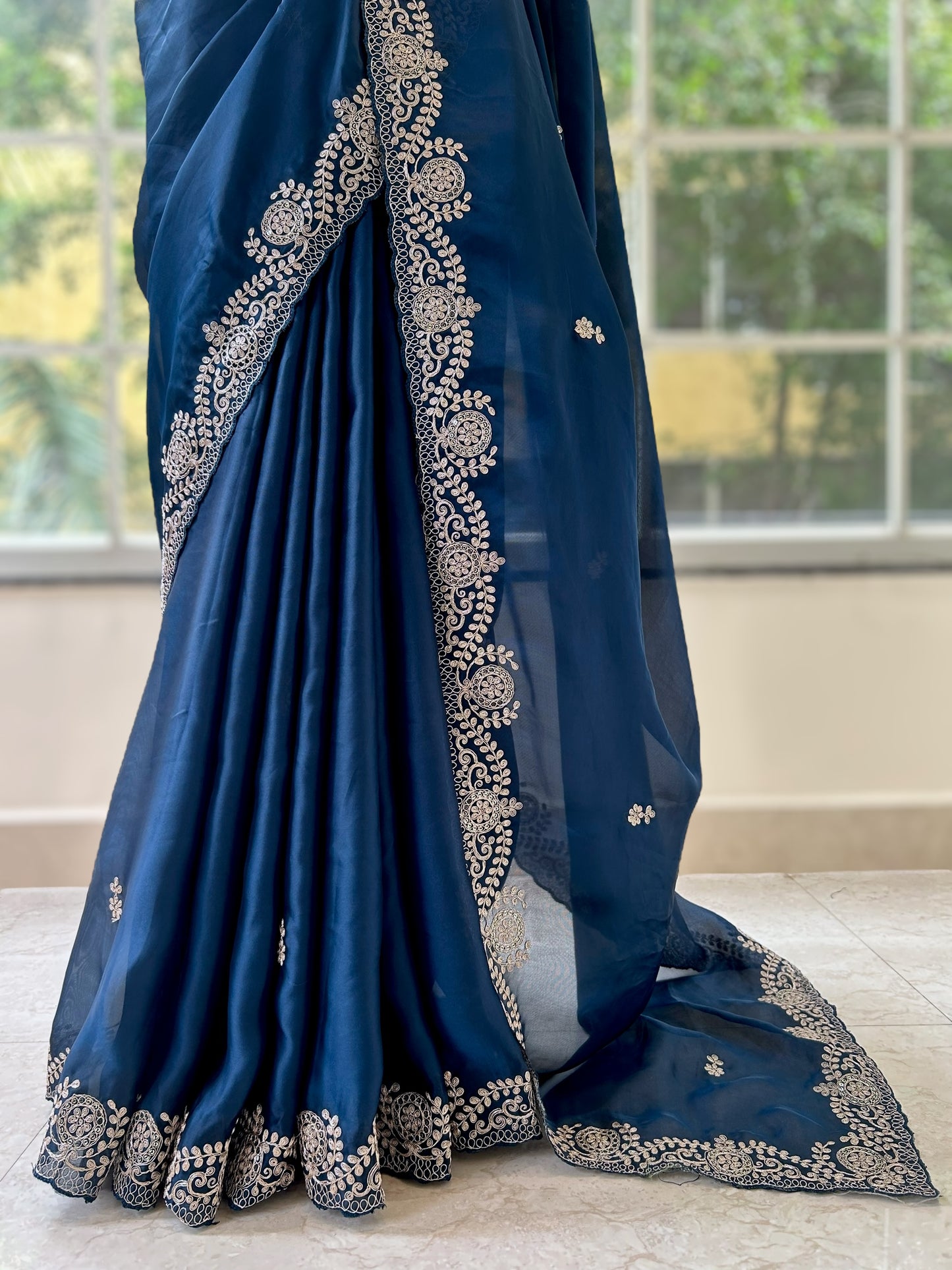 Satin chiffon aari work saree - Navy Blue