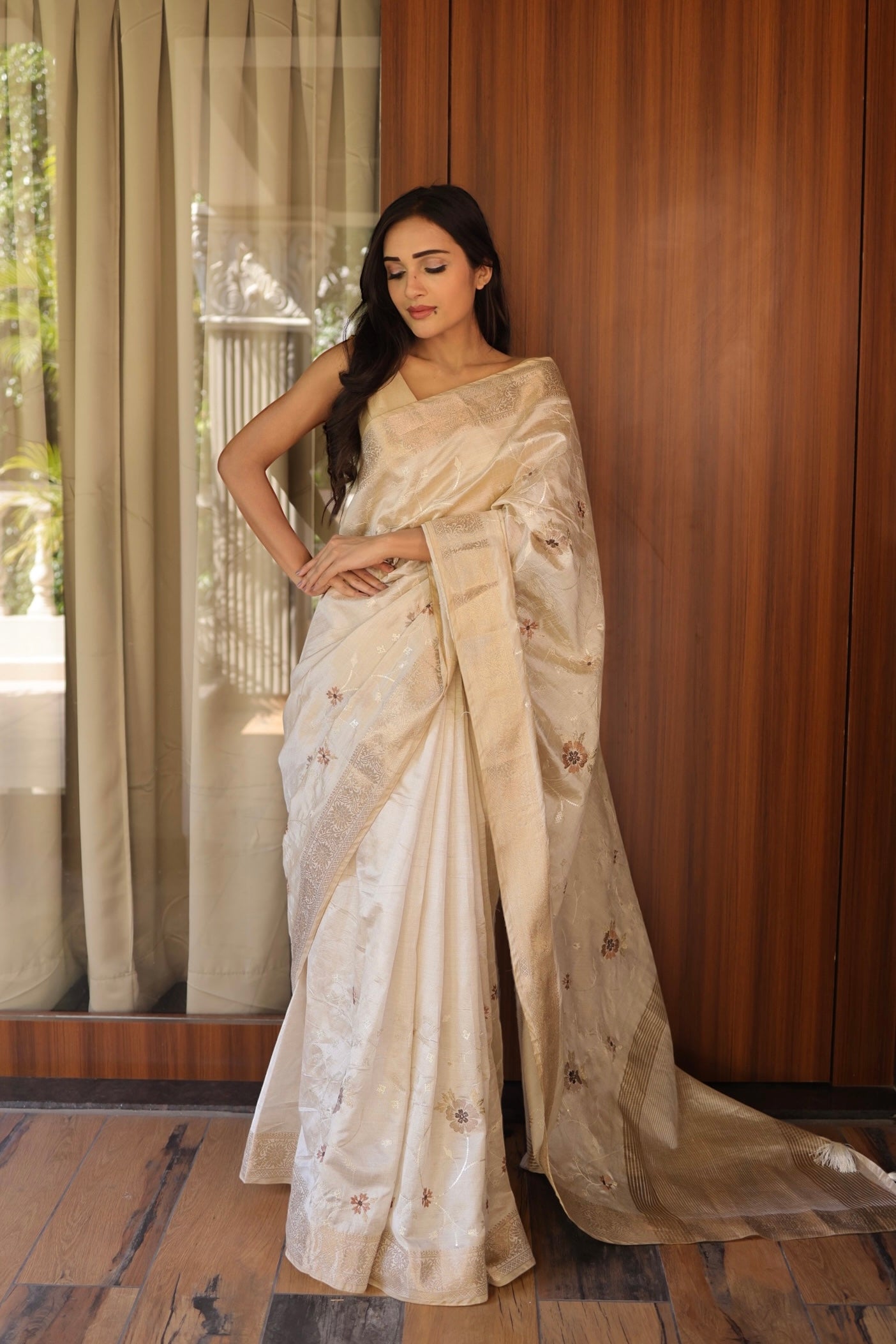 Beige cotton silk saree