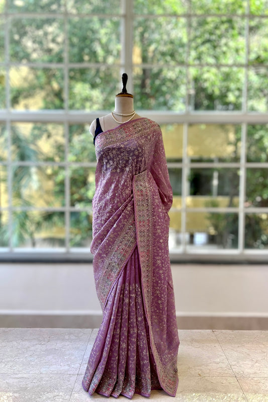 Soft organza work saree - Purple