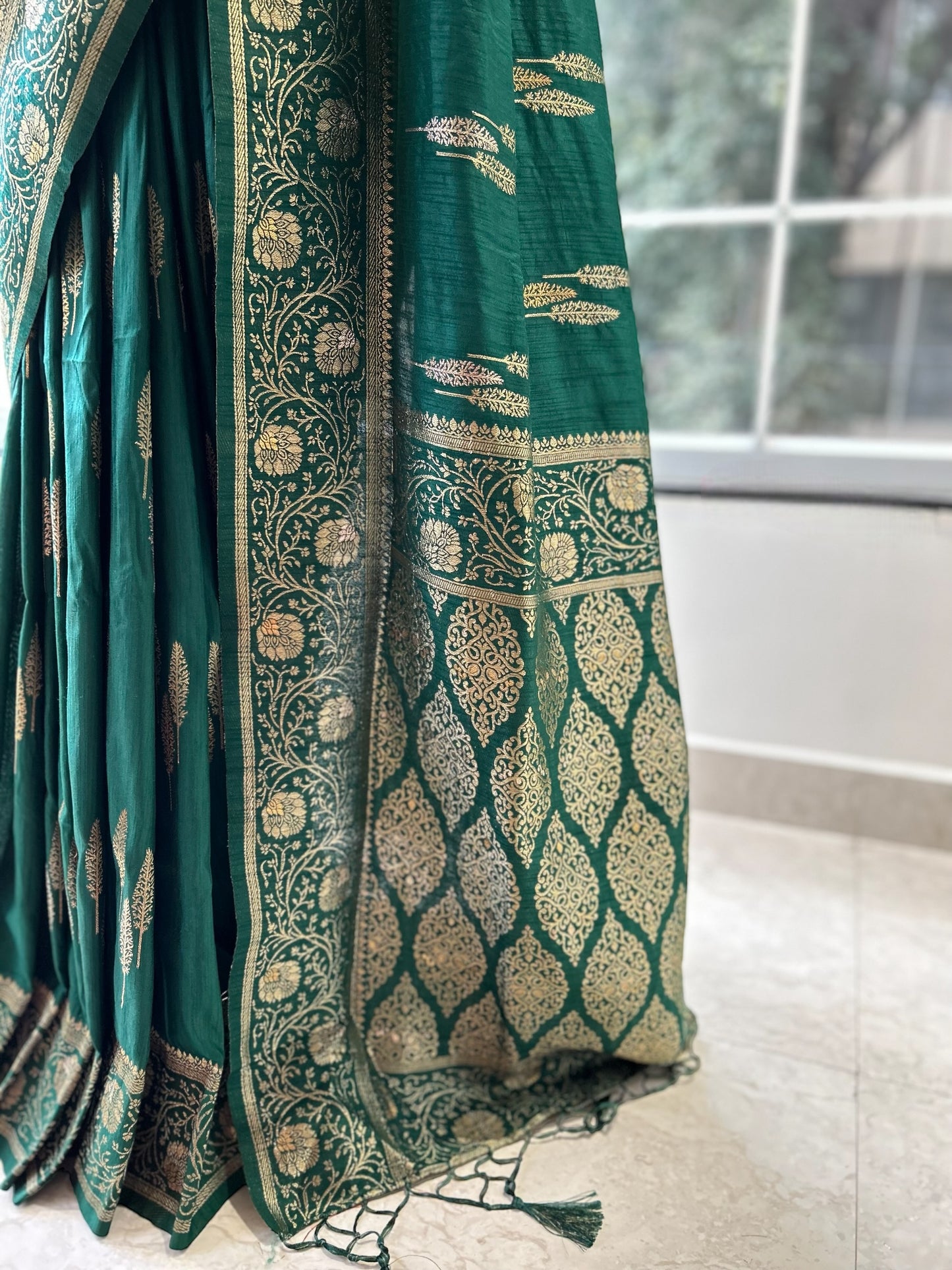 Bottle green soft silk saree