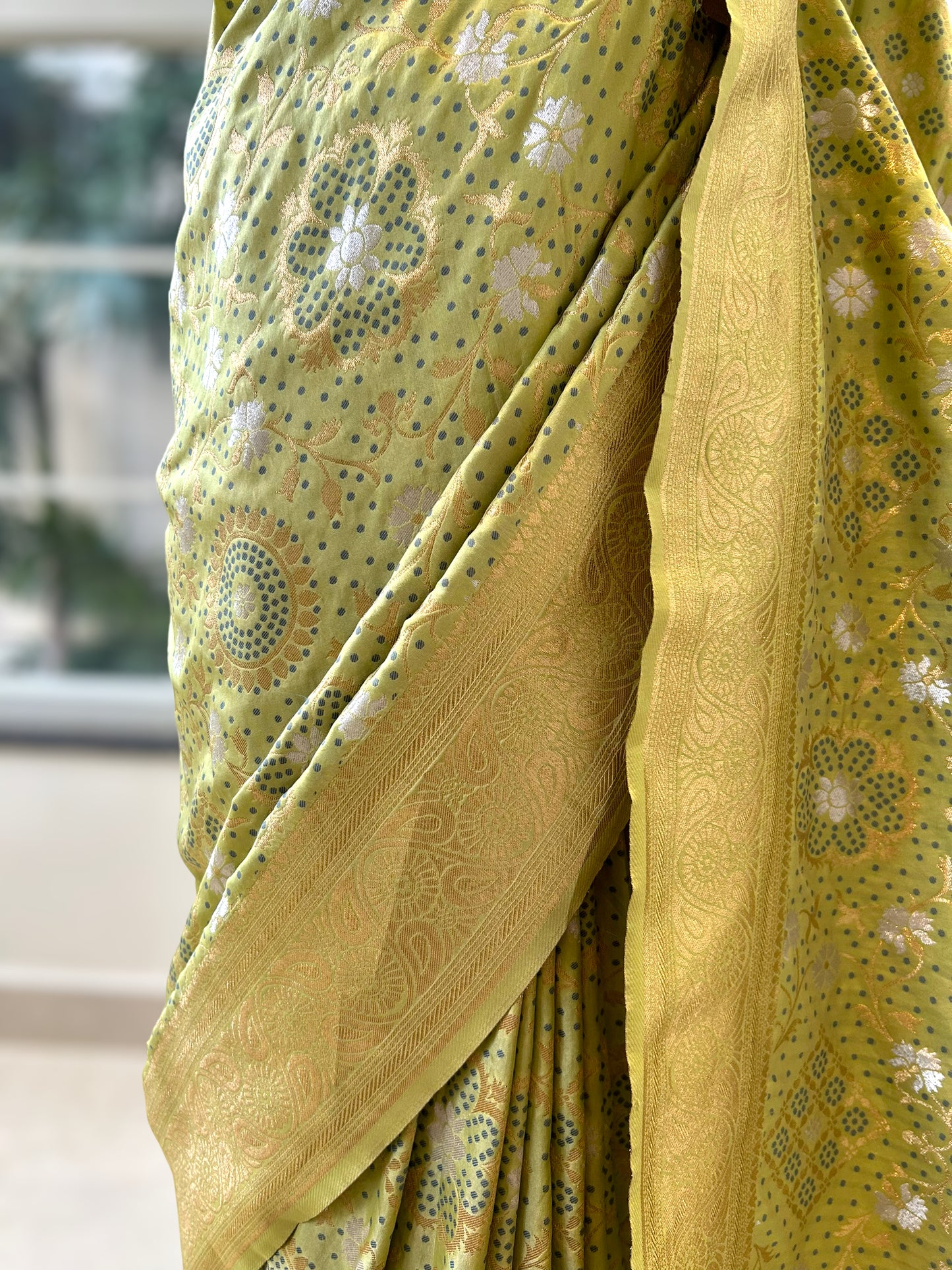 Lime green zariwork saree