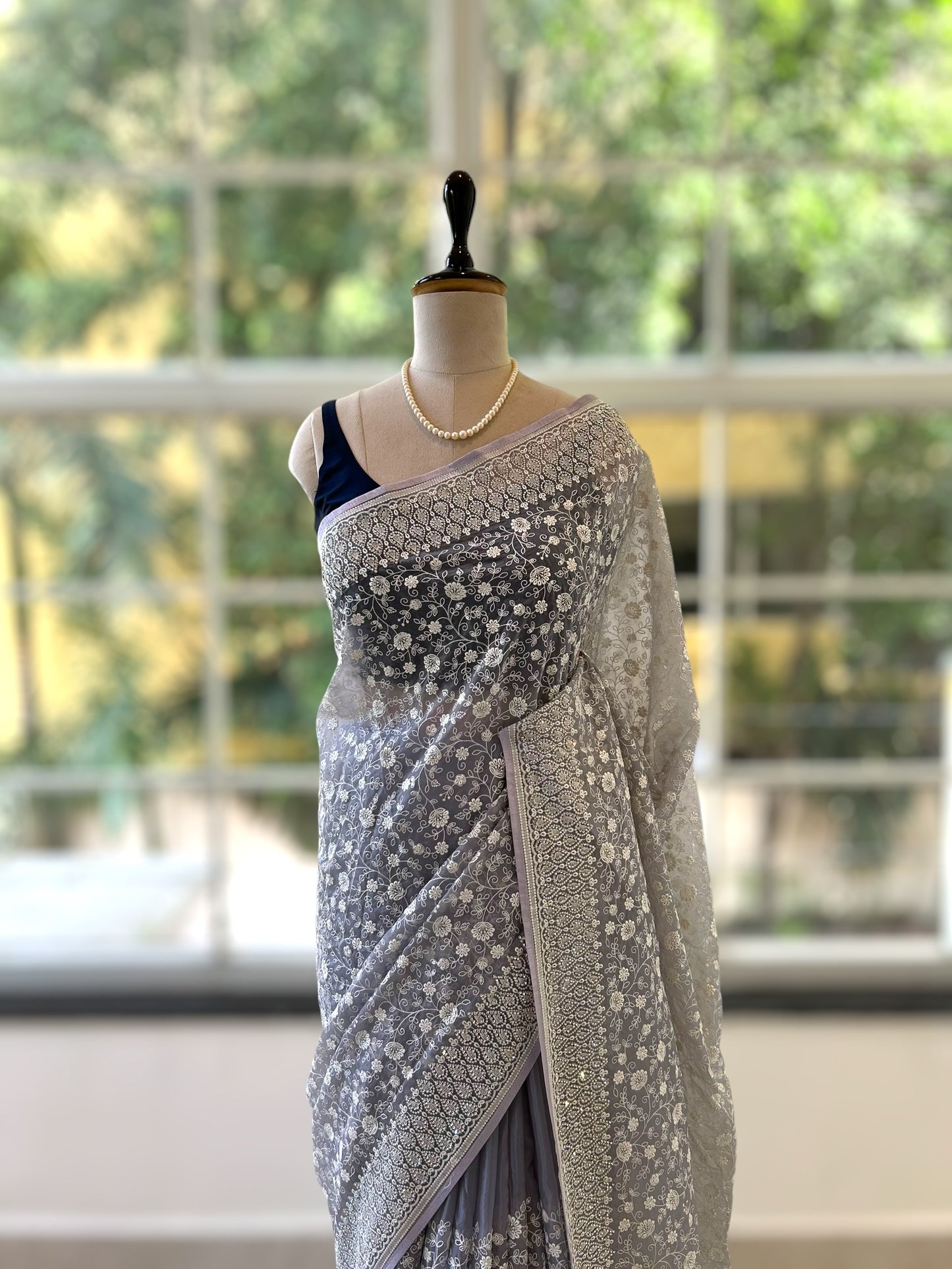 Floral embroidered organza saree - Grey