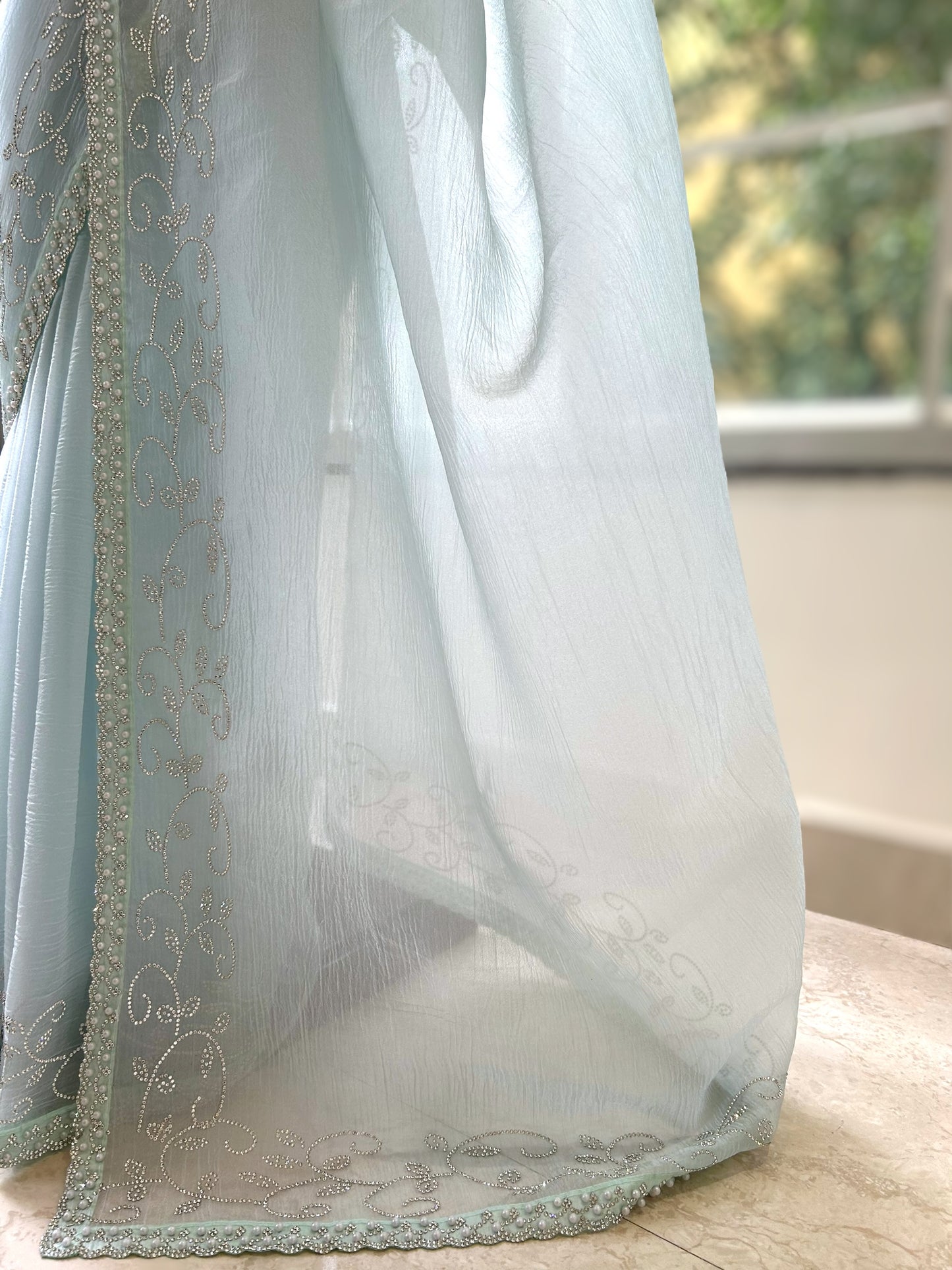 Sequins pearl embellished saree - Sky blue