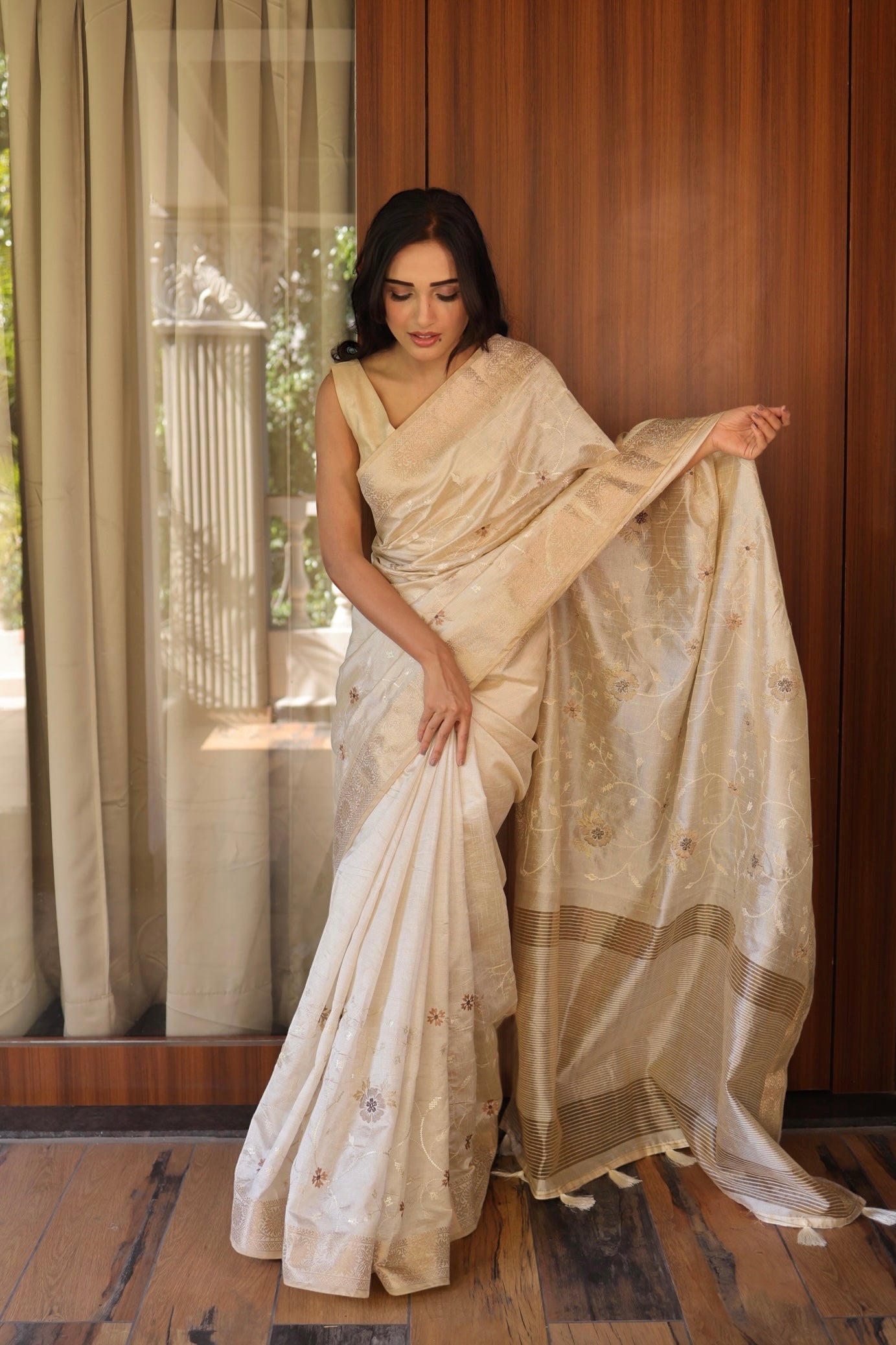 Beige cotton silk saree