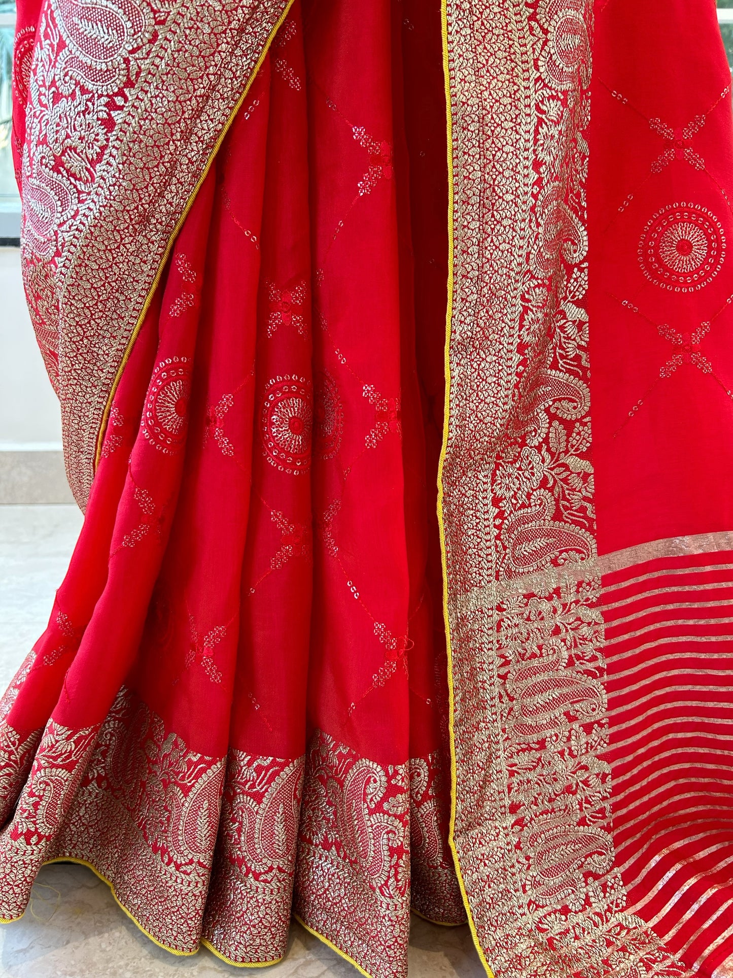 Red sequins zari saree