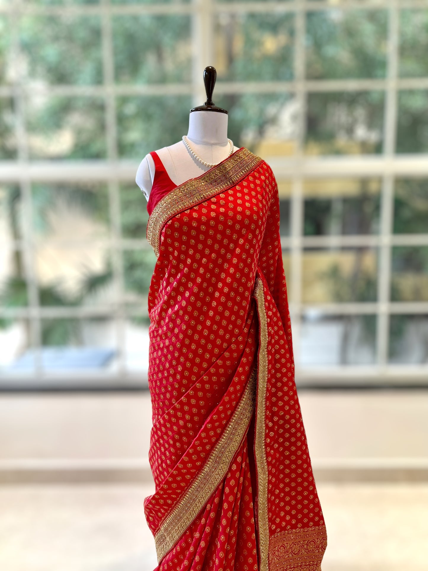 Red cotton silk buti saree