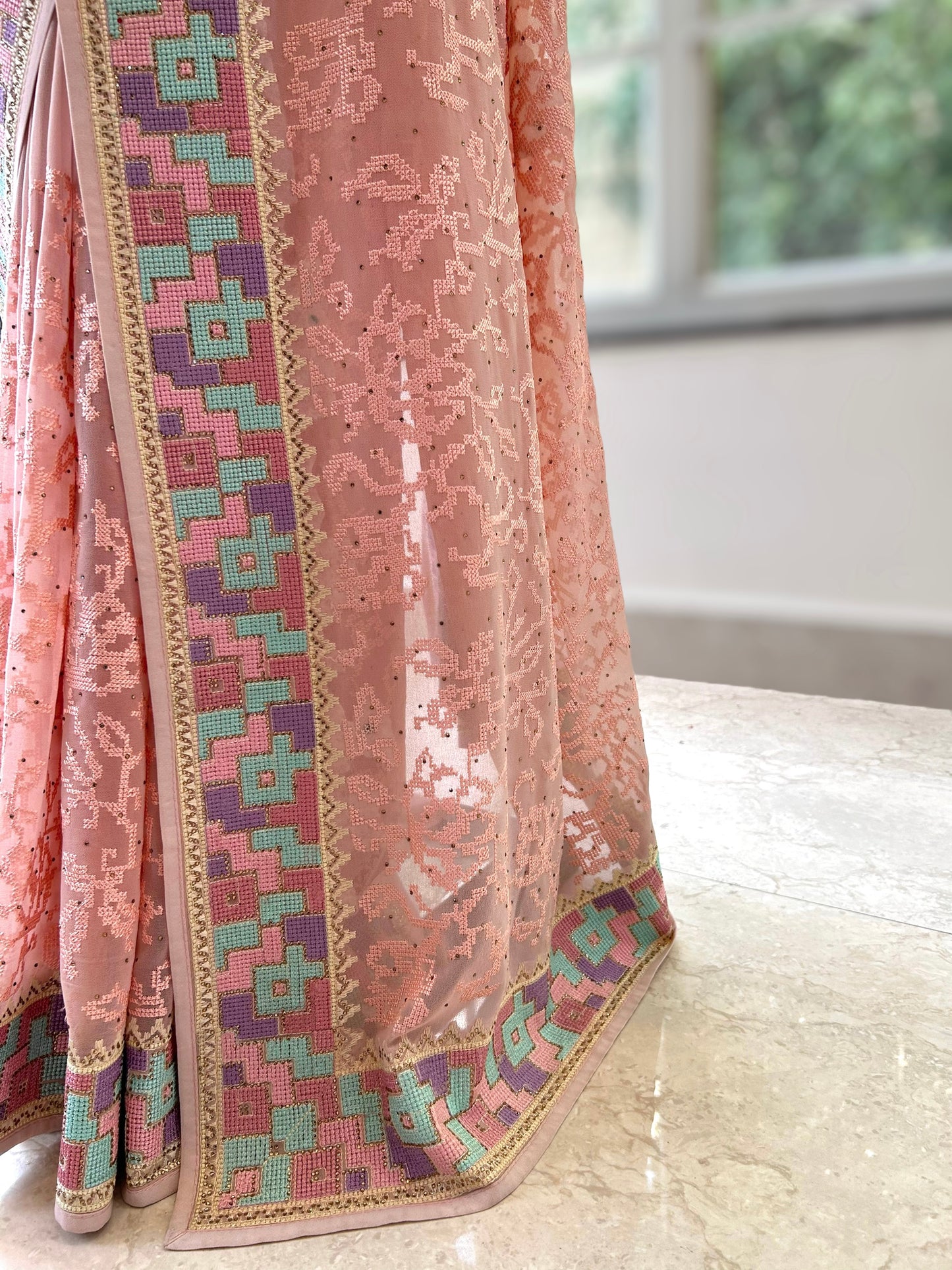 Pink georgette threadwork saree