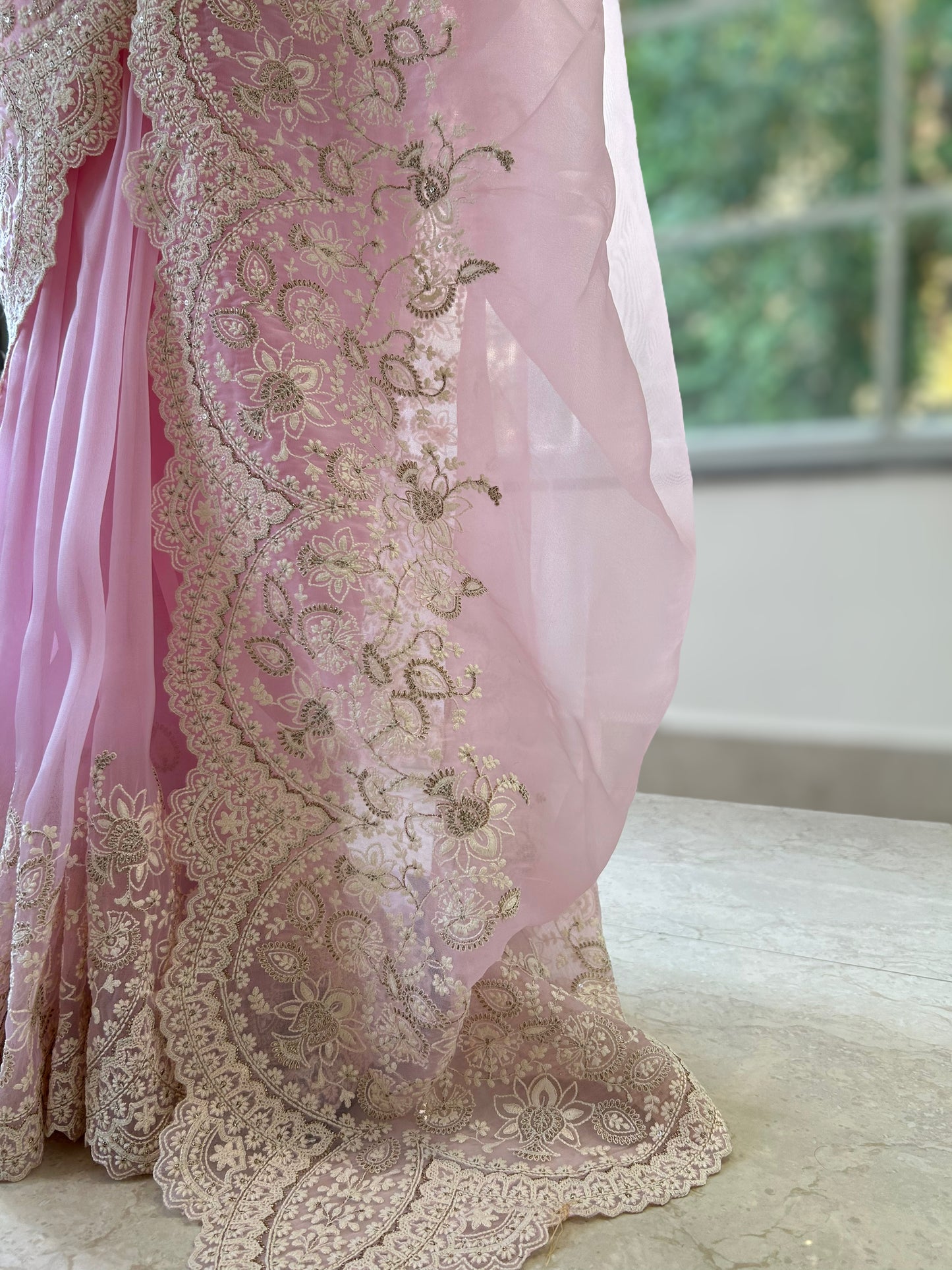 Organza zariwork saree - Pink