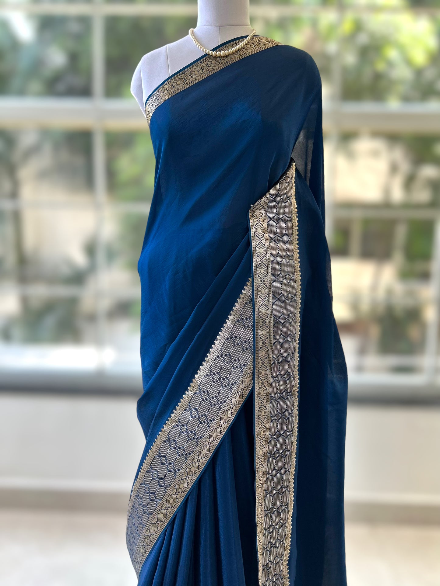 Celestial satin organza saree - Navy Blue