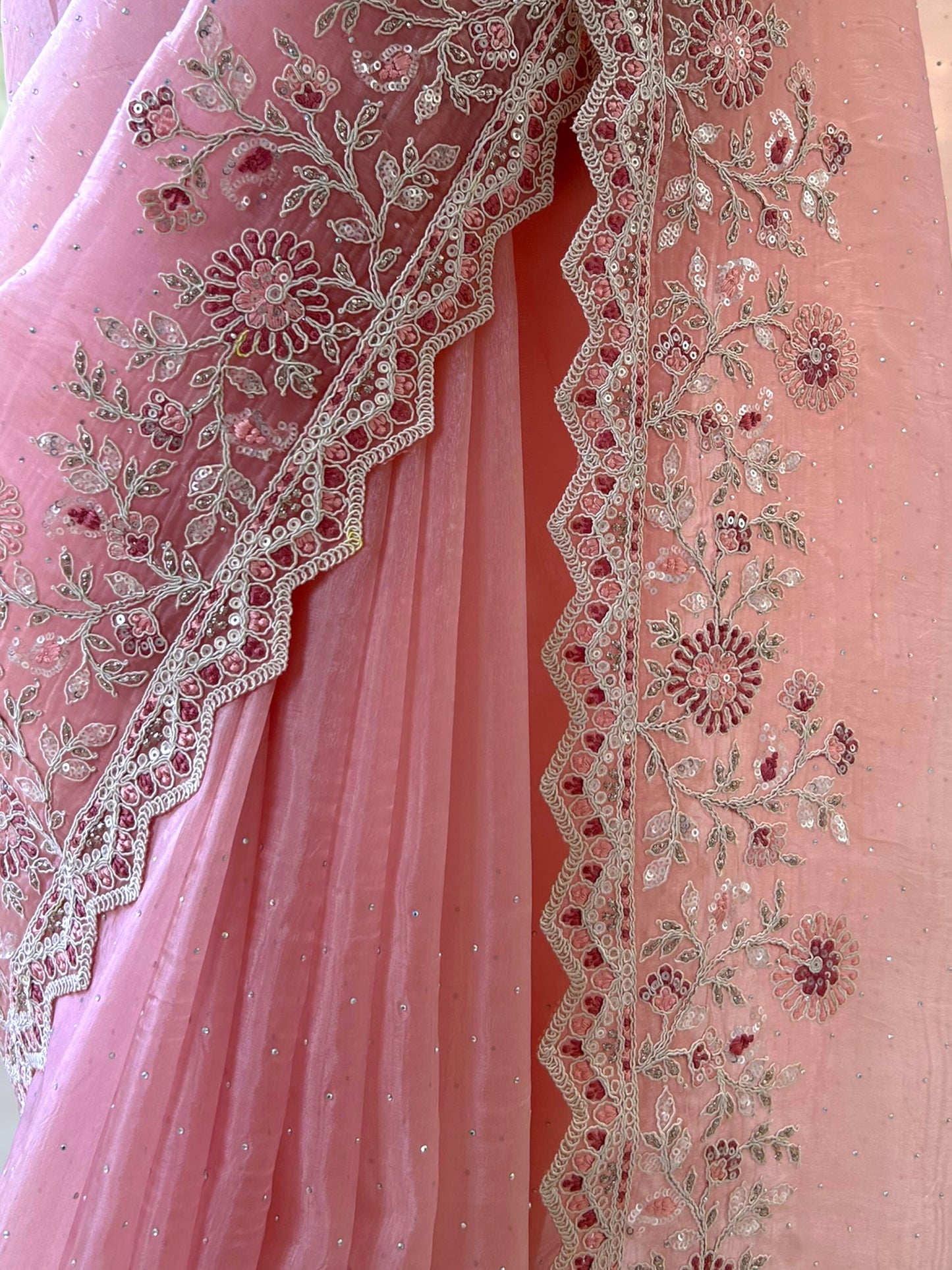 Baby pink threadwork organza saree