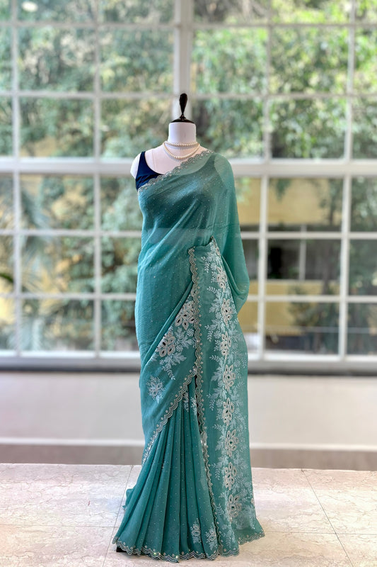 Emerald green shimmer chiffon saree