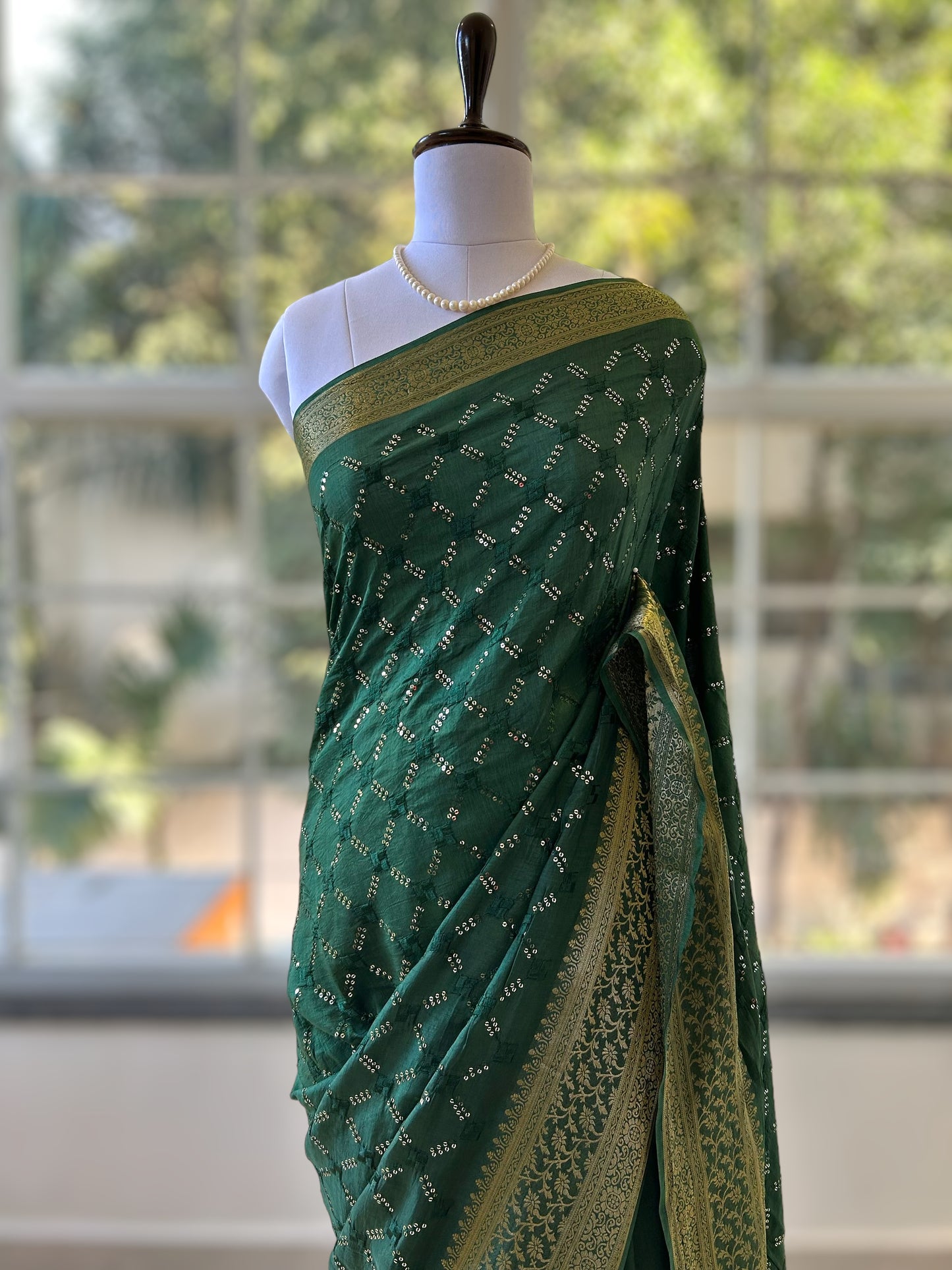 Bottle green sequins saree