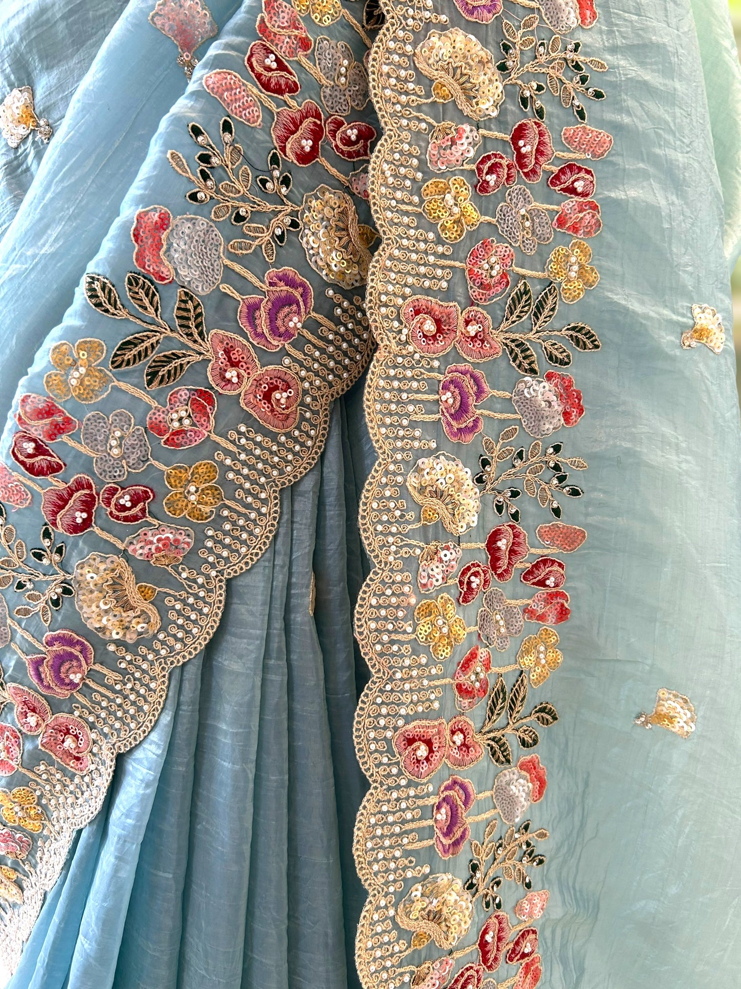 Pearl embroidered organza saree - Sky Blue