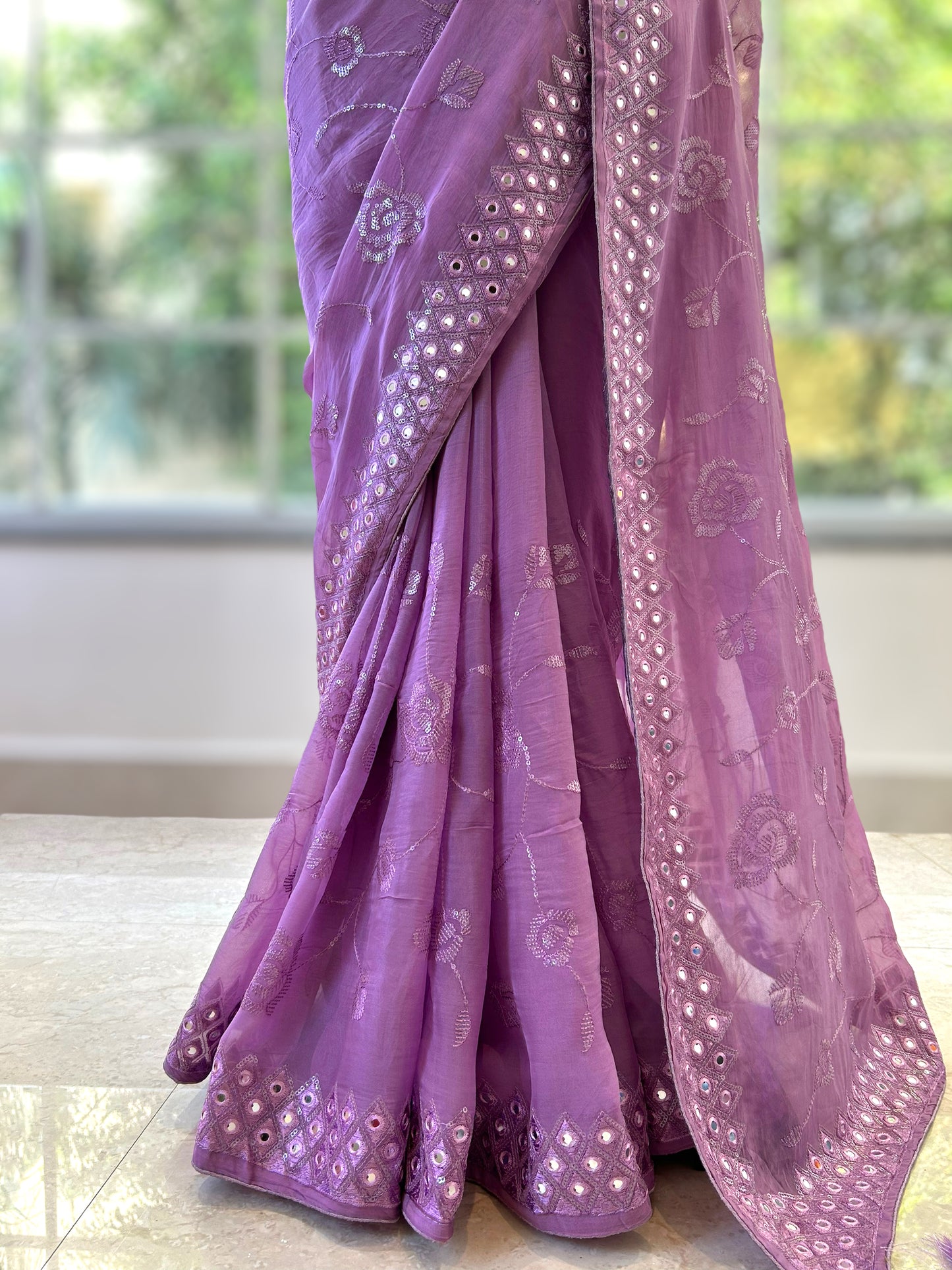 Organza mirror work saree - Purple