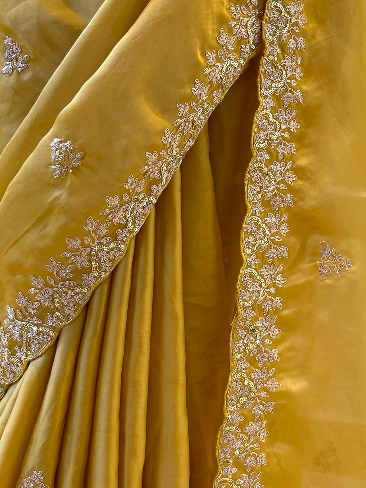 Satin chiffon aari work saree - Yellow