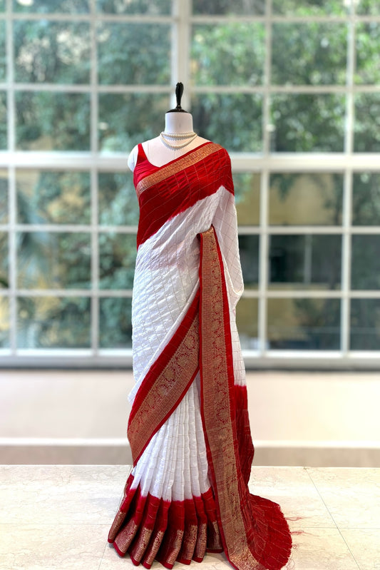 White red pure dola silk saree