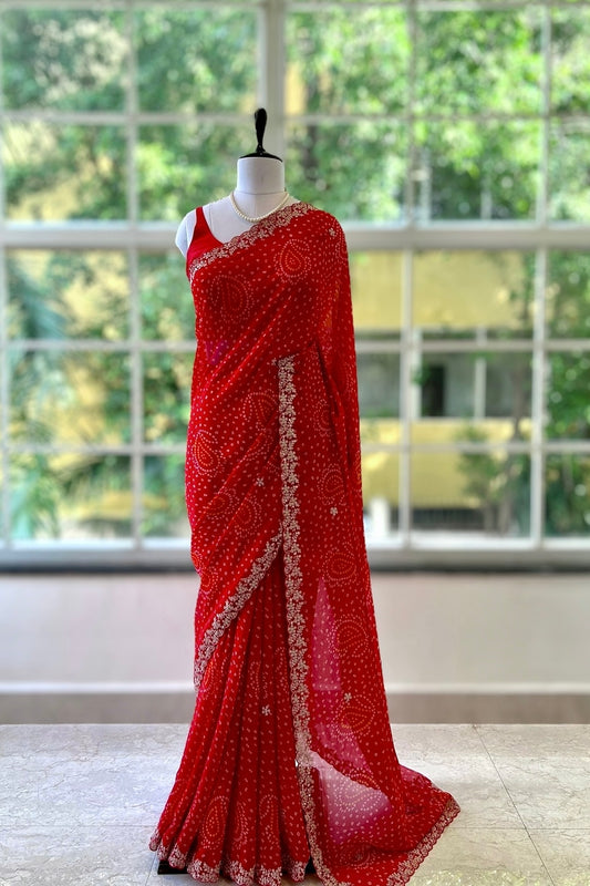 Georgette bandhani saree - Red