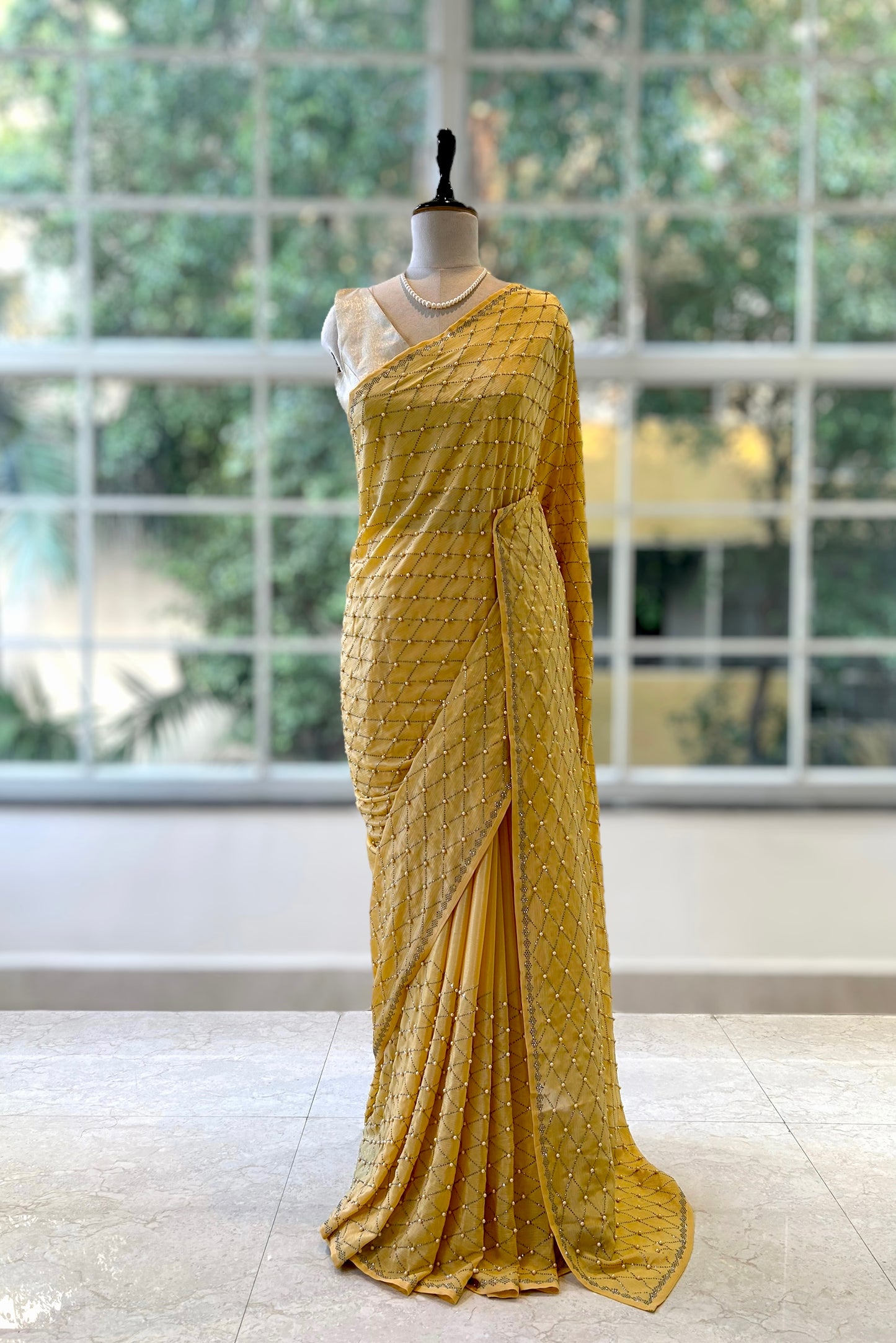 Yellow sequins & pearl saree