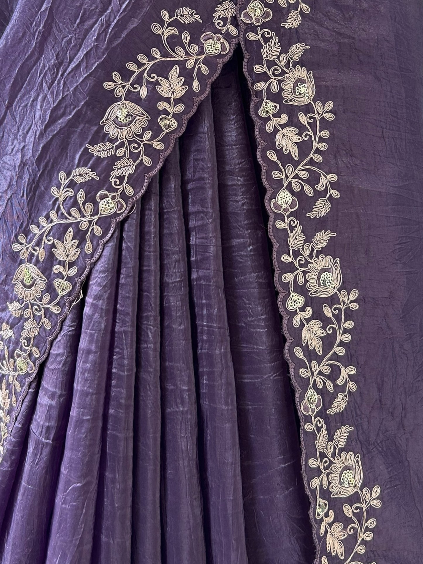 Aariwork crushed organza saree - Purple