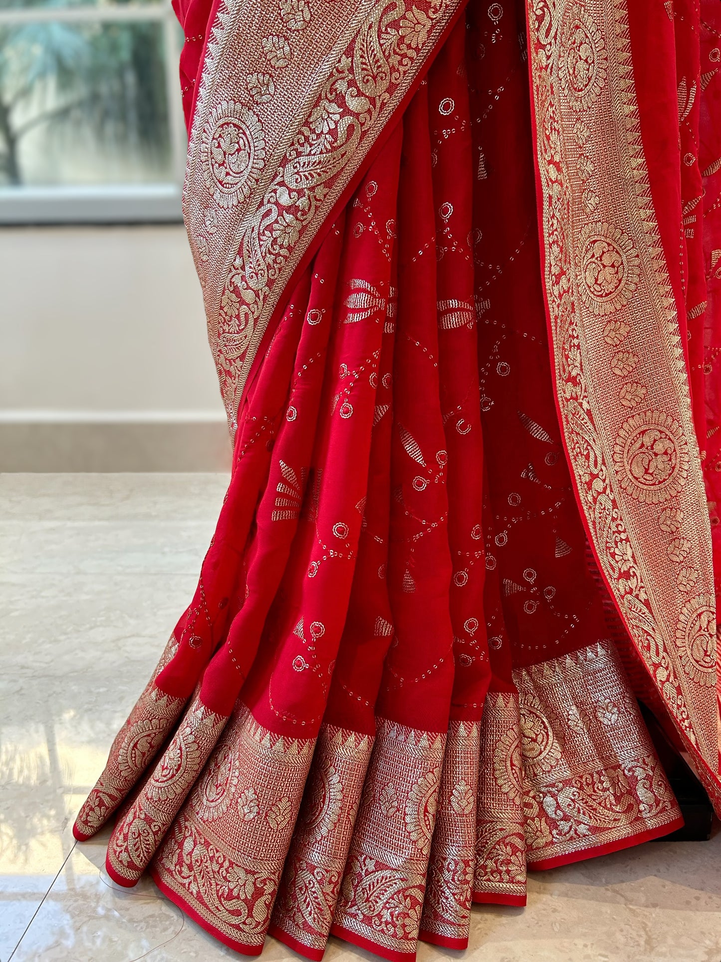 Red sequins georgette saree