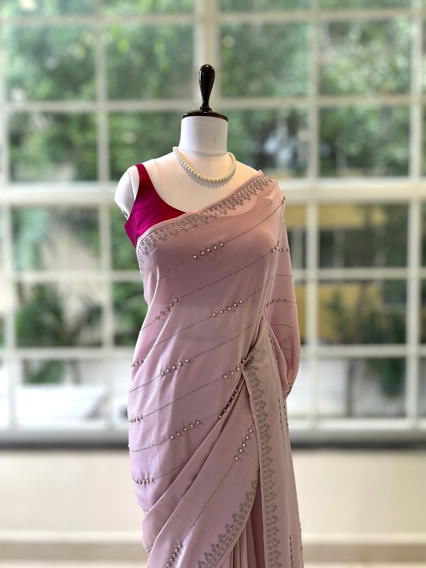 Lilac pearl chiffon saree