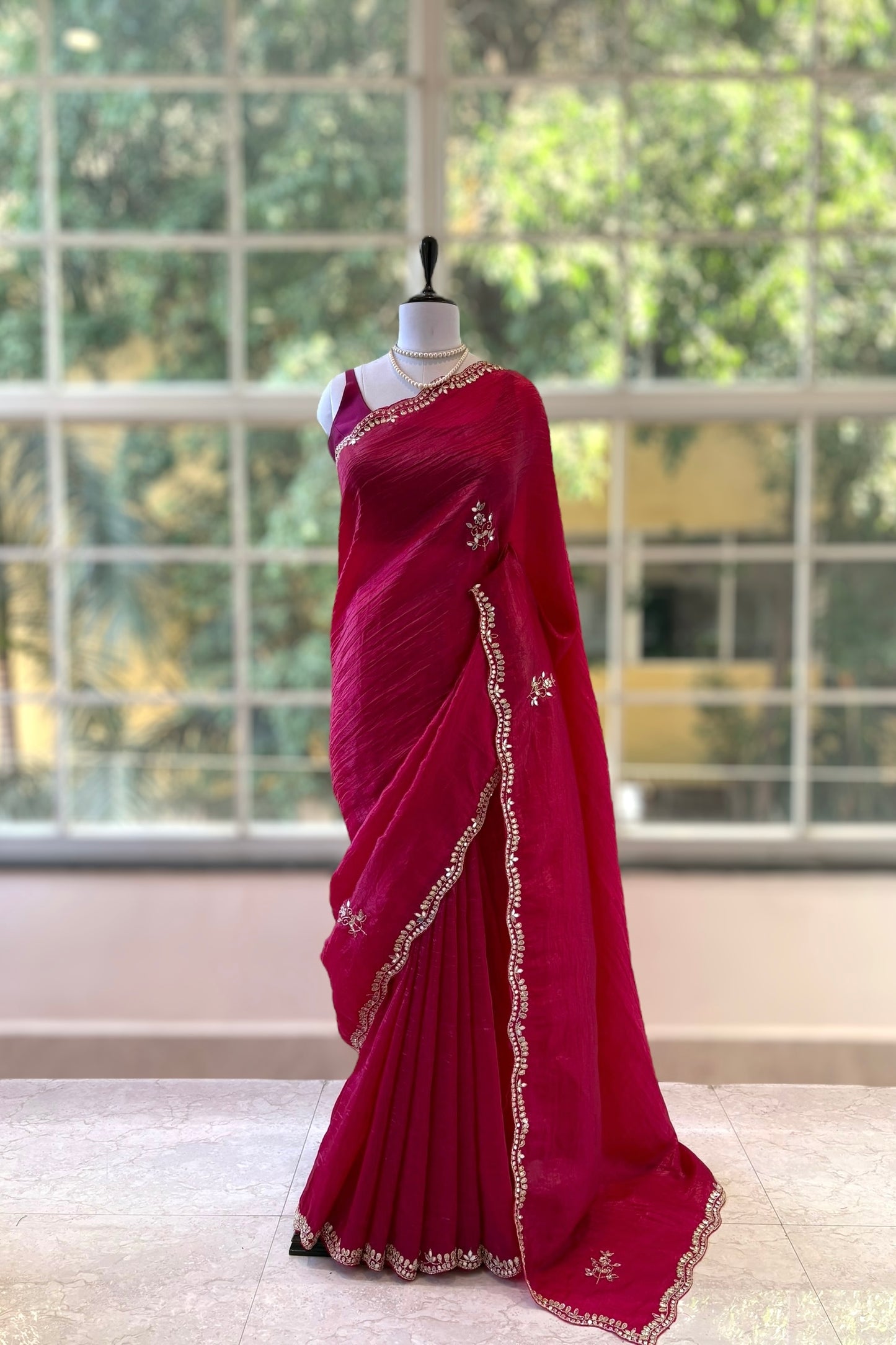 Mirror work crushed organza saree - Pink