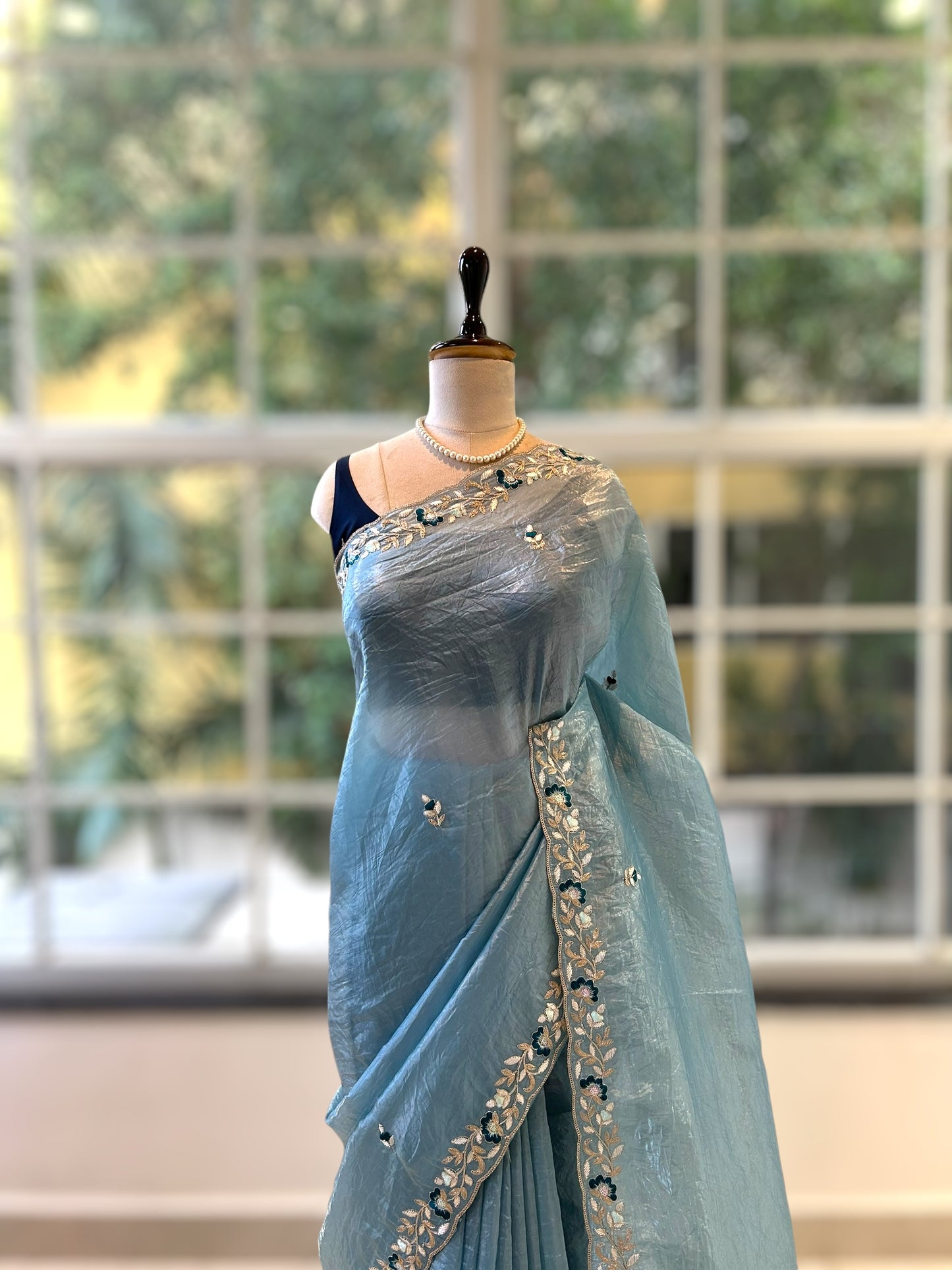 Embroidered crushed organza saree - Sky blue