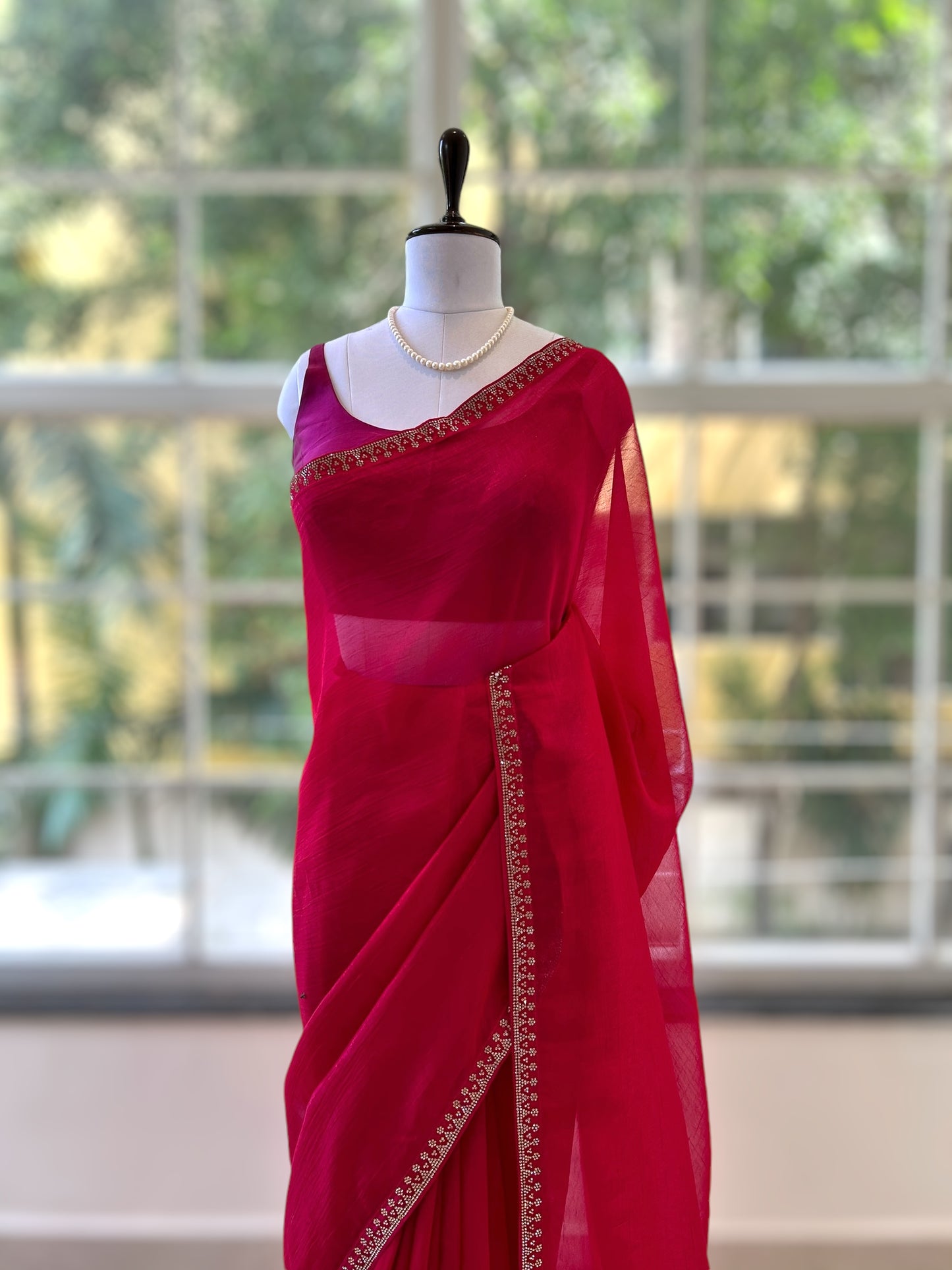 Crimson swarovski embellished chiffon saree