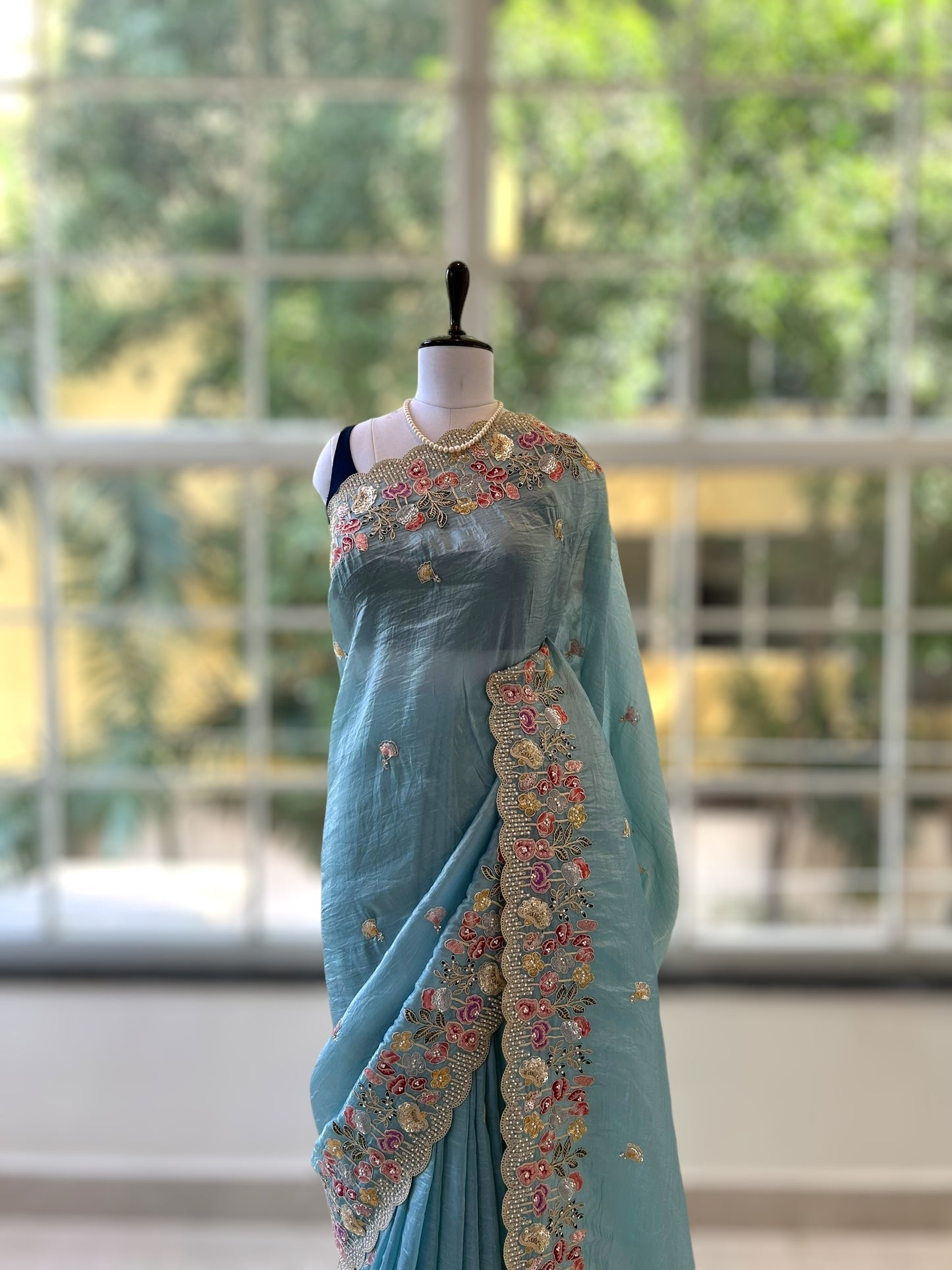 Pearl embroidered organza saree - Sky Blue