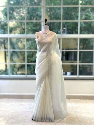 Soft crushed organza saree - White