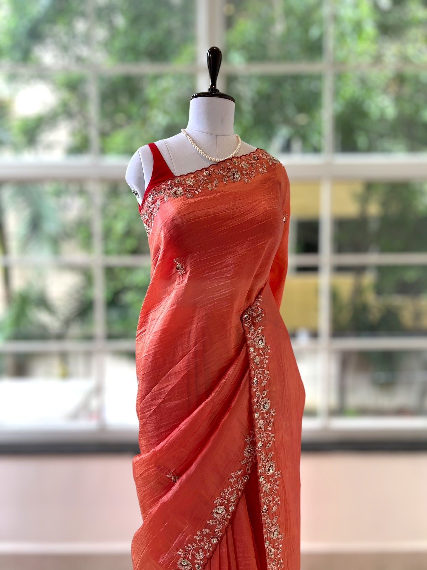 Aariwork crushed organza saree - Orange