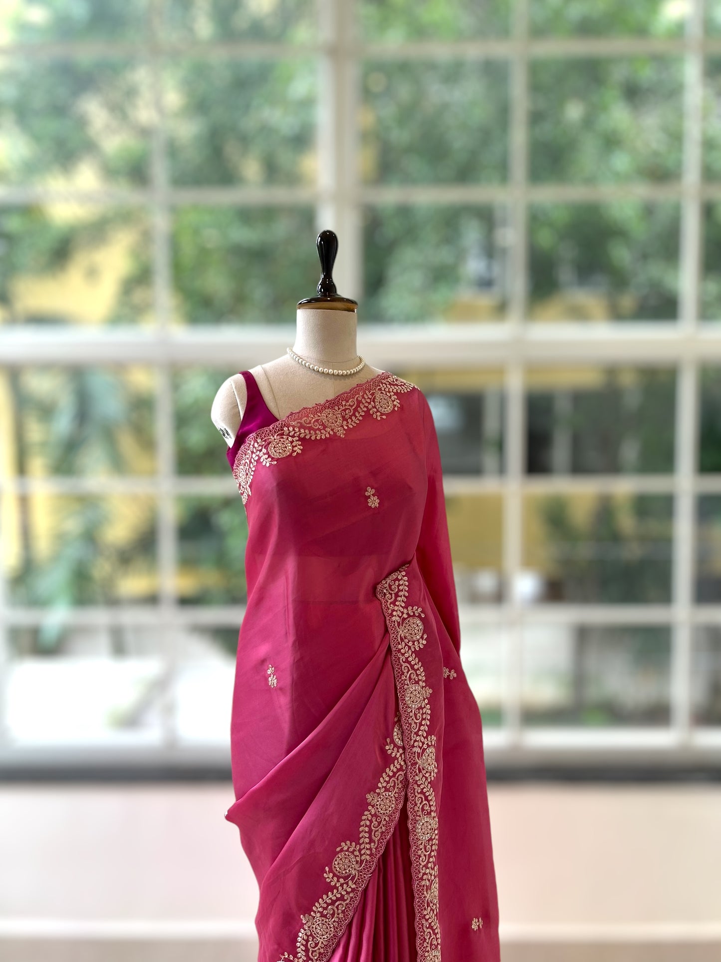 Satin chiffon aari work saree - Pink