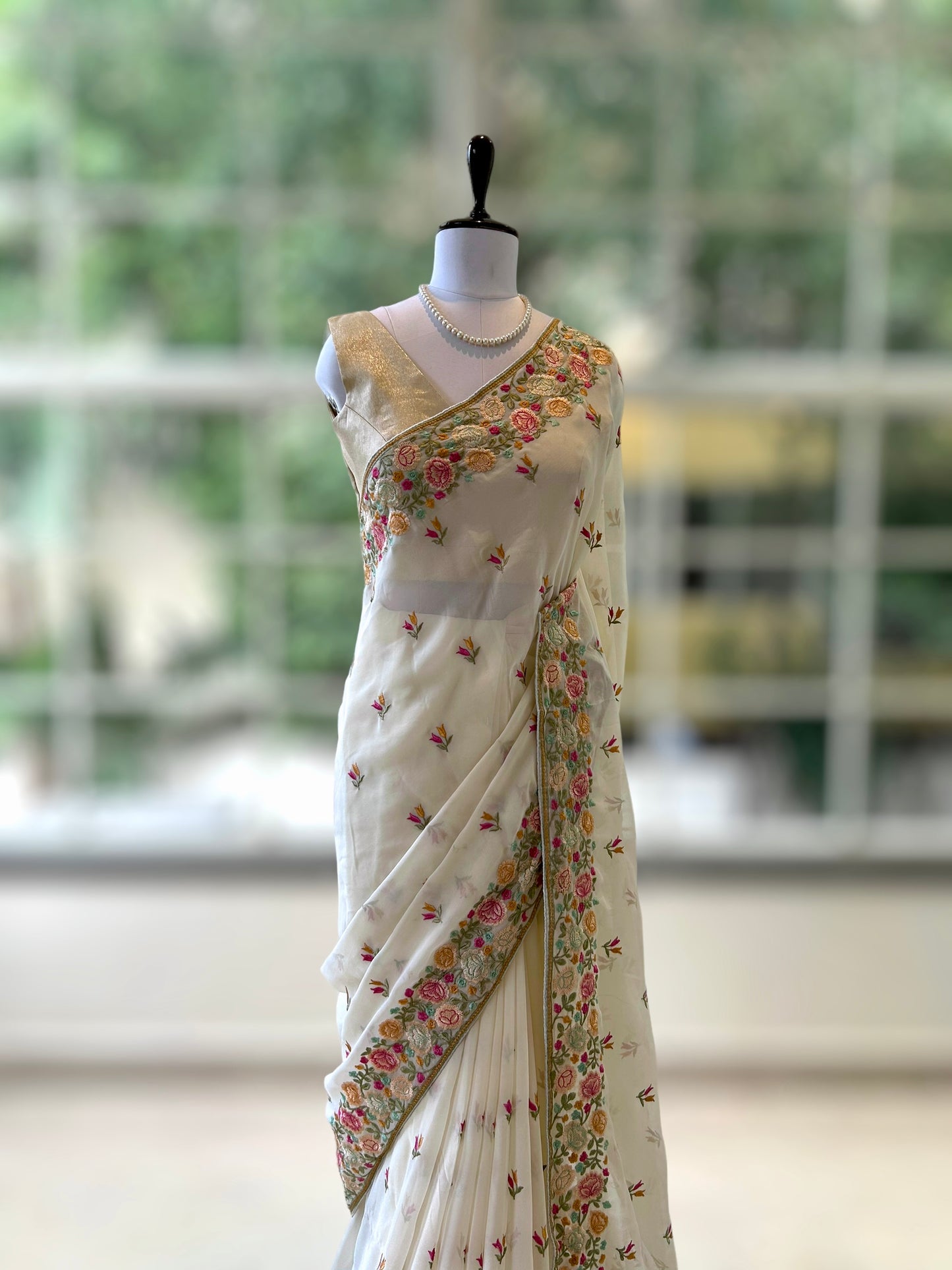 Georgette floral embroidered saree - White