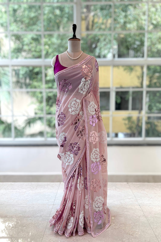 Rose sequins georgette saree - Baby pink