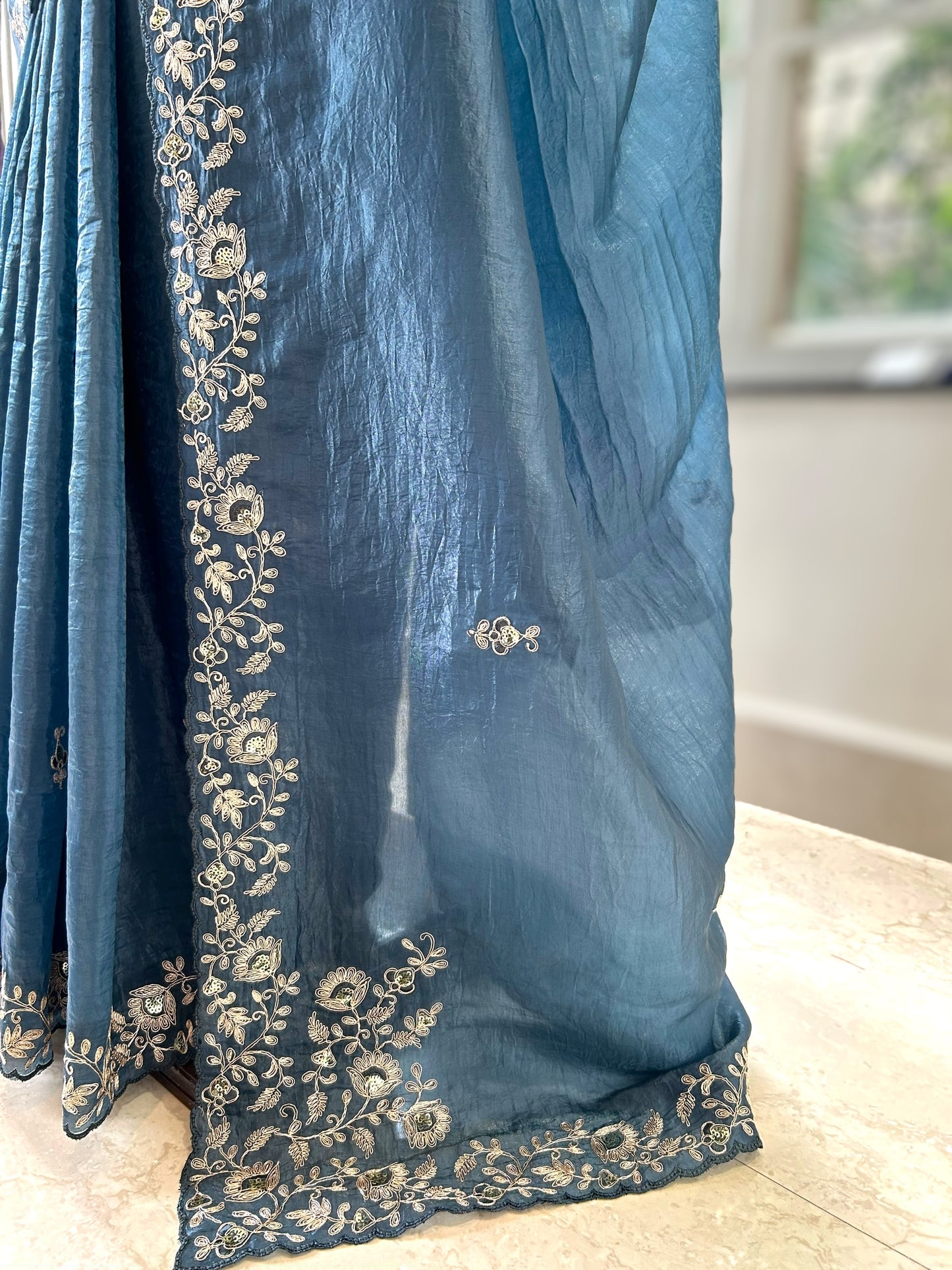 Aariwork crushed organza saree - Blue