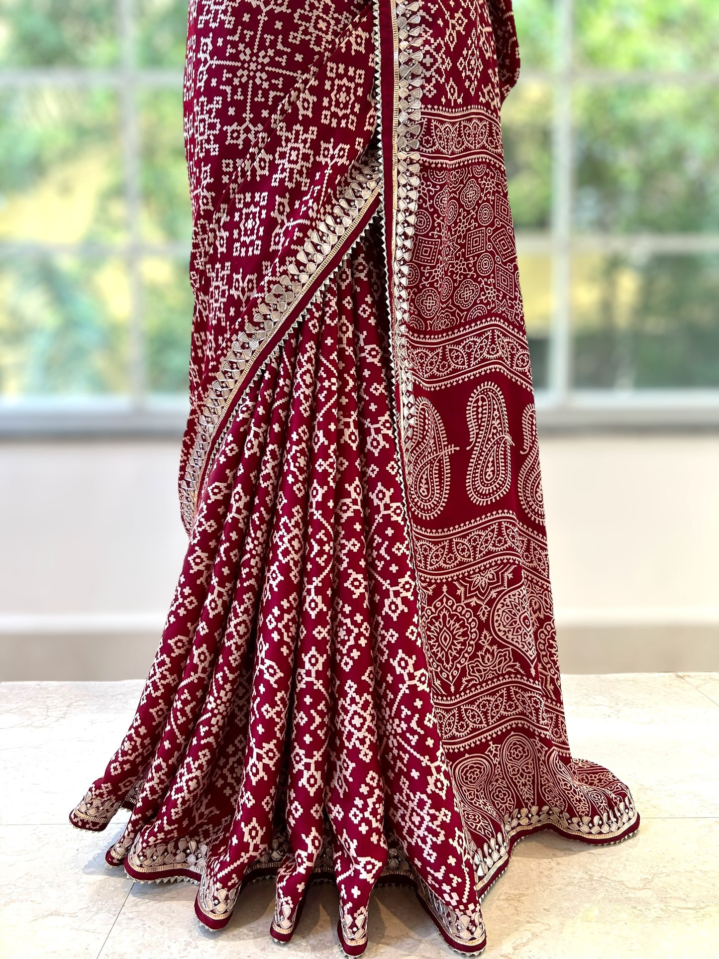 Ajrakh modal satin work saree - Maroon